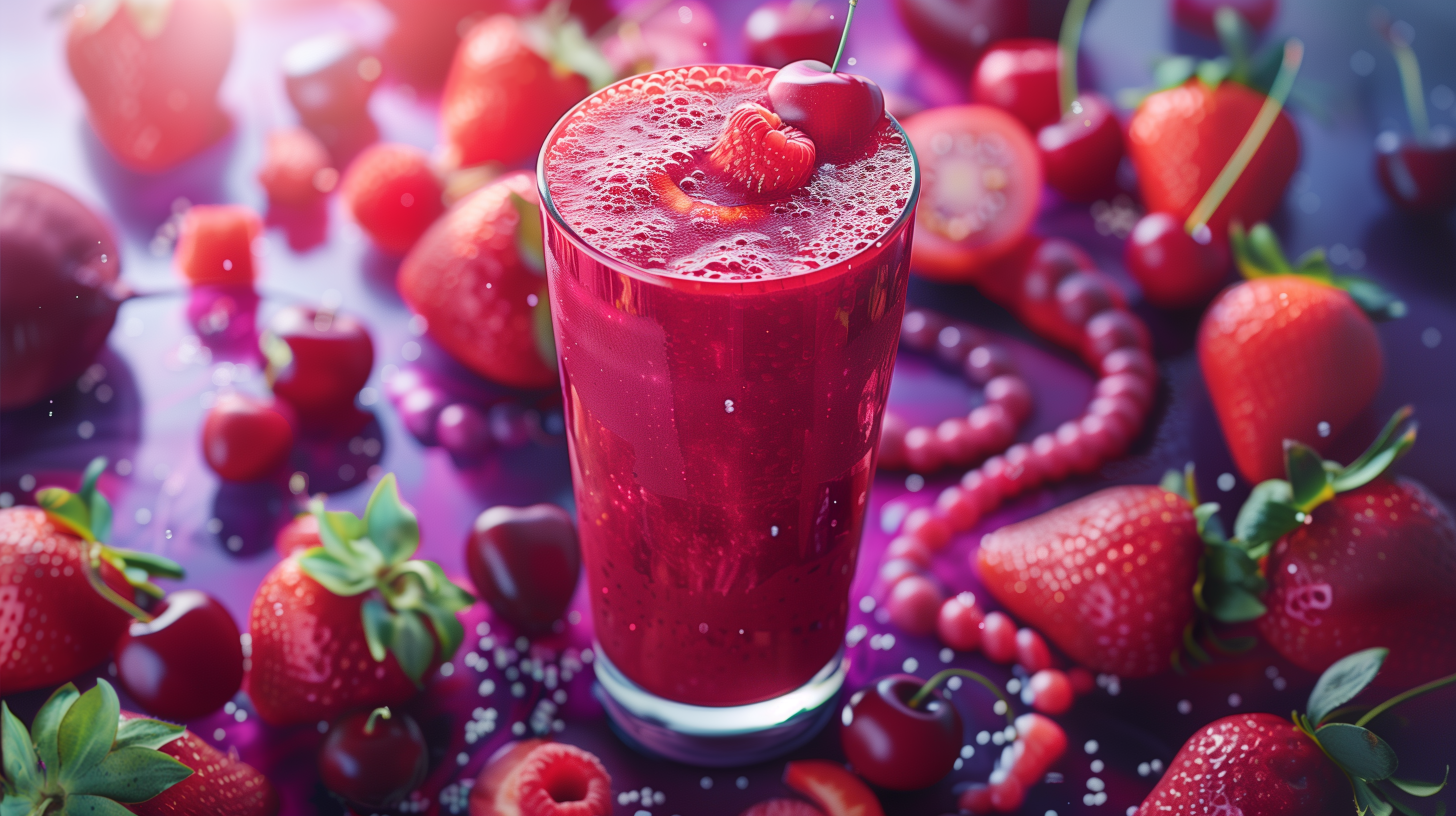 red smoothie surrounded by vibrant fruits like strawberries, cherries, and beets, with a healthy digestive system