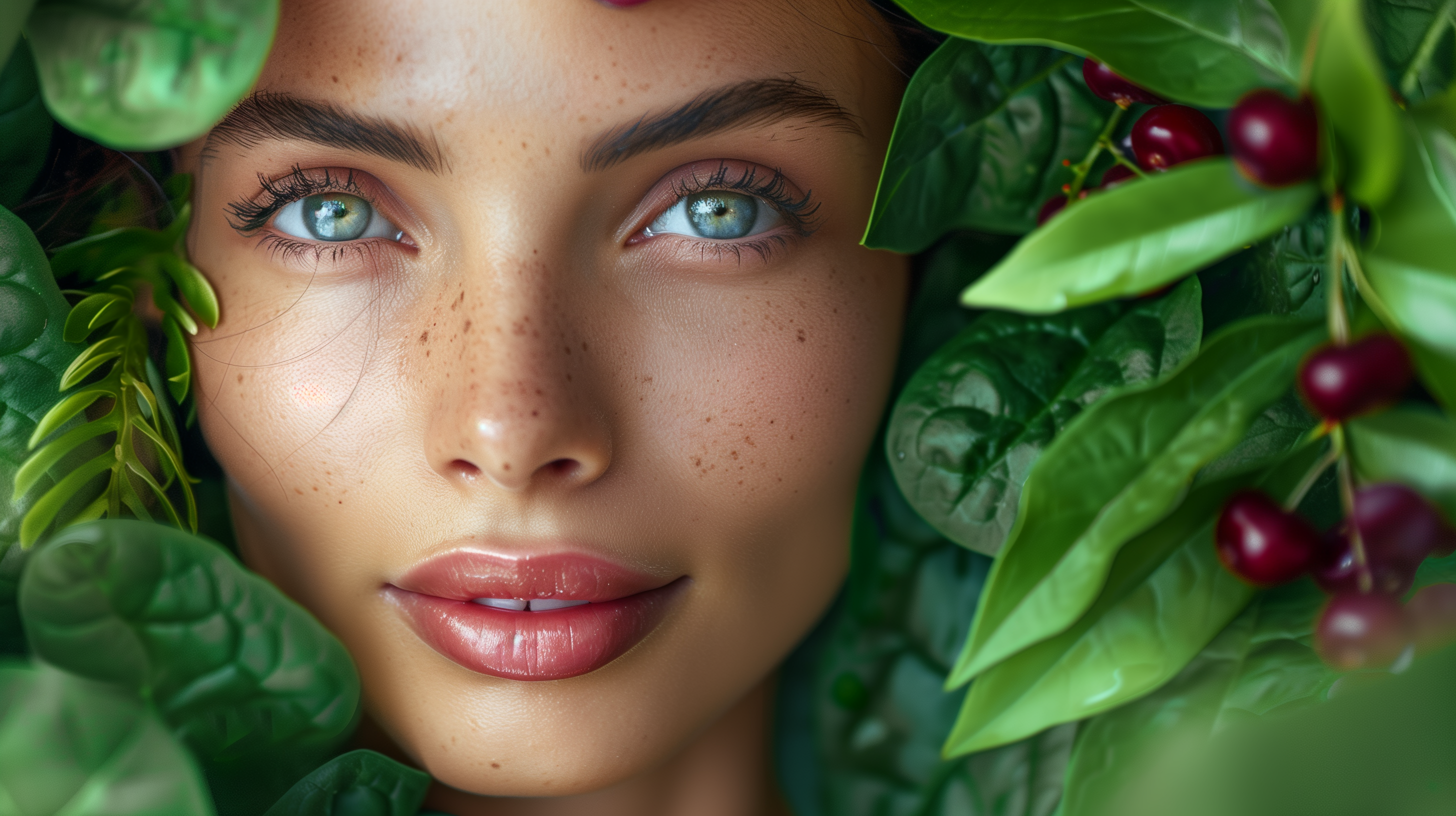 glowing, healthy face surrounded by fresh green spinach leaves and dark red berries