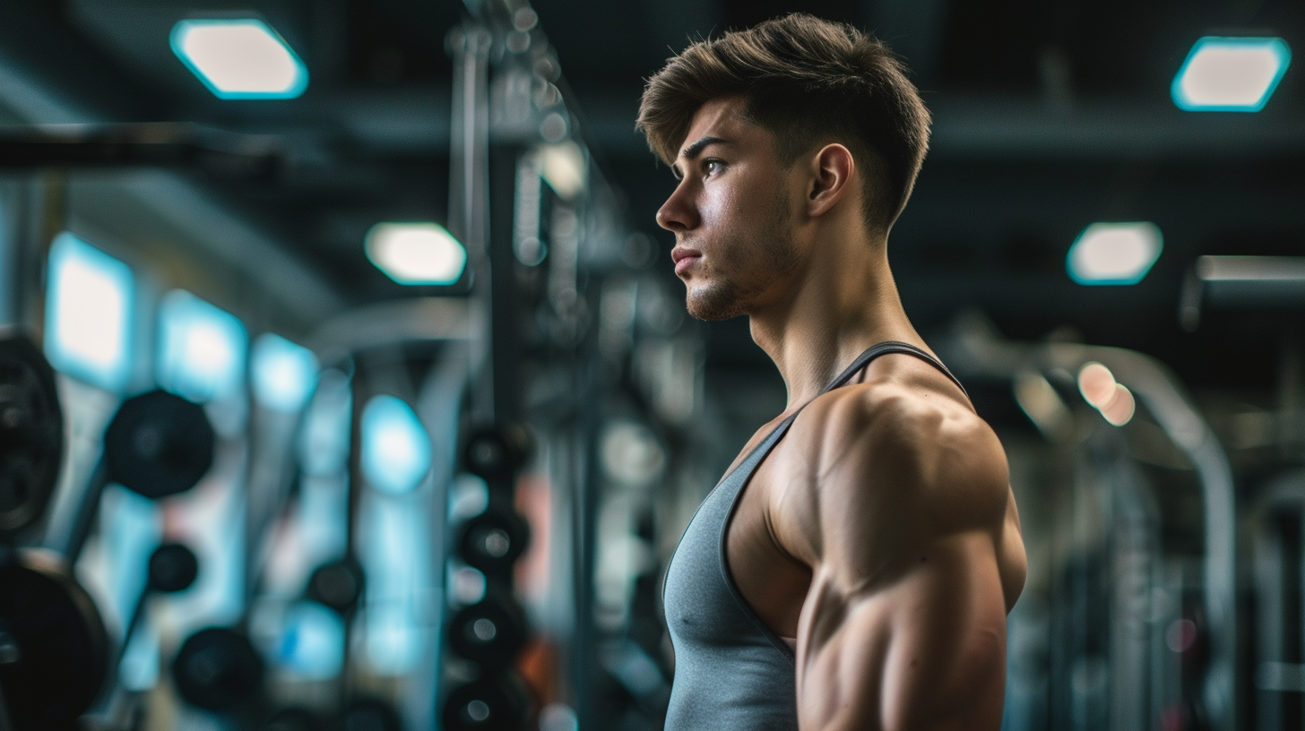 a muscular man walking into the gym