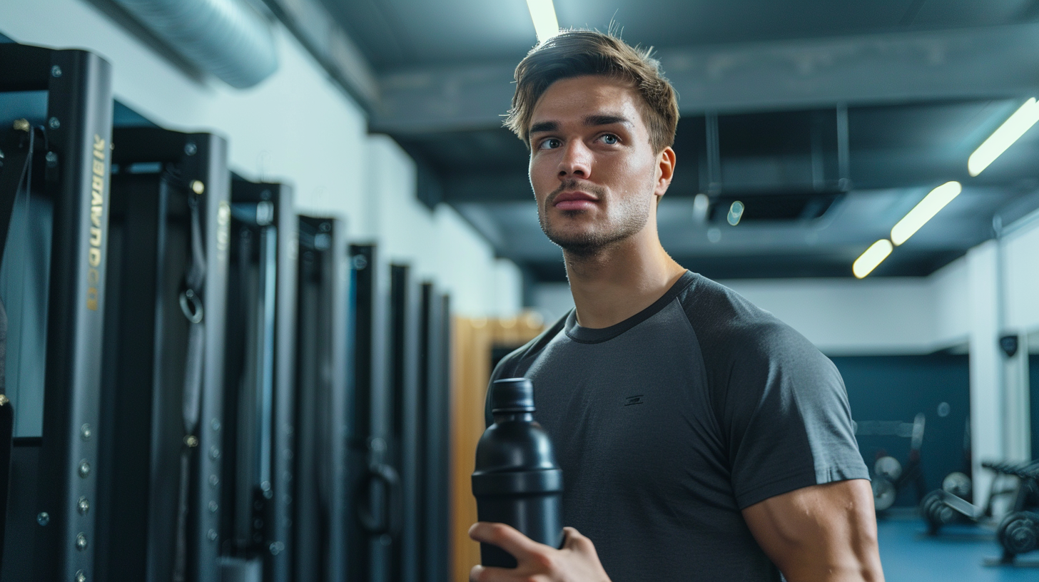 a young man in the gym holding a water bottle