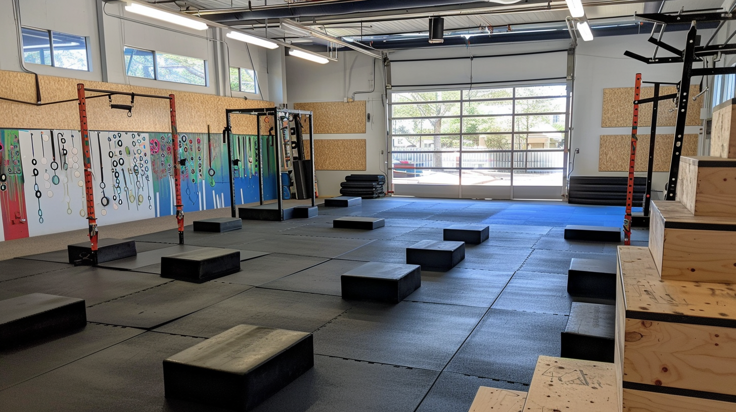 a gym set up for a HIIT workout with box jumps