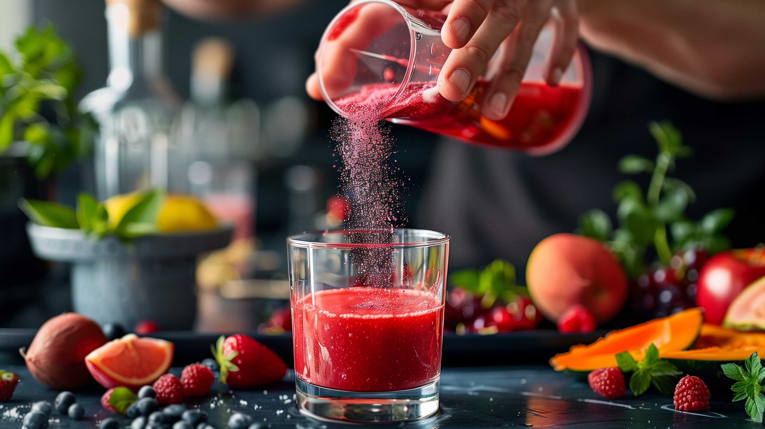 Essential Reds Powder, pouring it into a glass of water, with fruits and vegetables