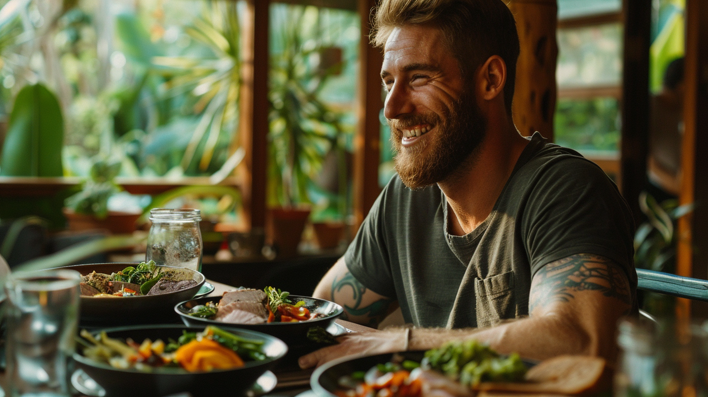 a man smiling about to eat a low-carb meal