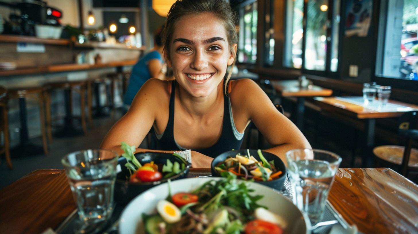 a woman at a table with a salad