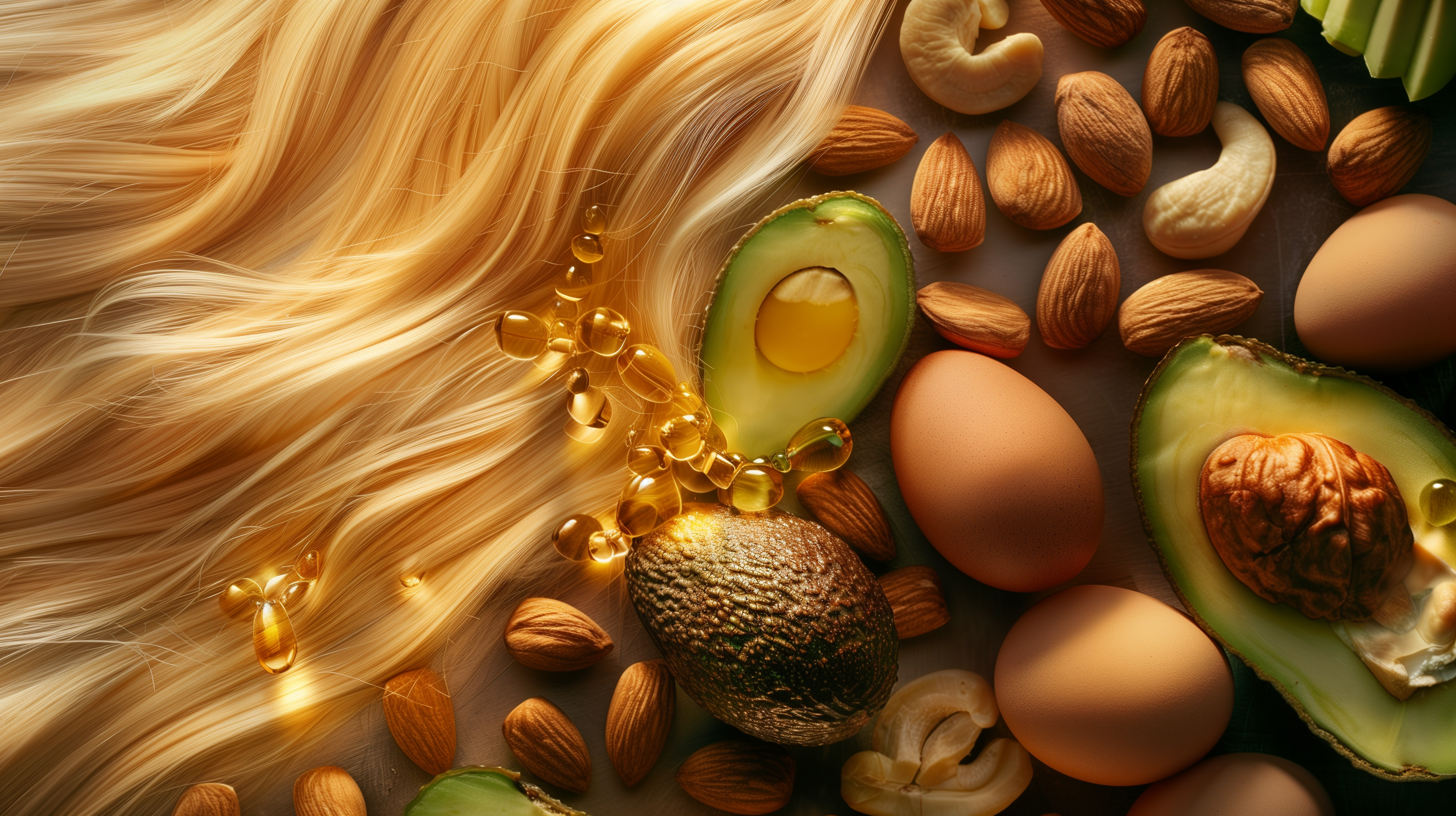 shiny hair strand surrounded by vibrant, natural foods rich in biotin like nuts, eggs, and avocados