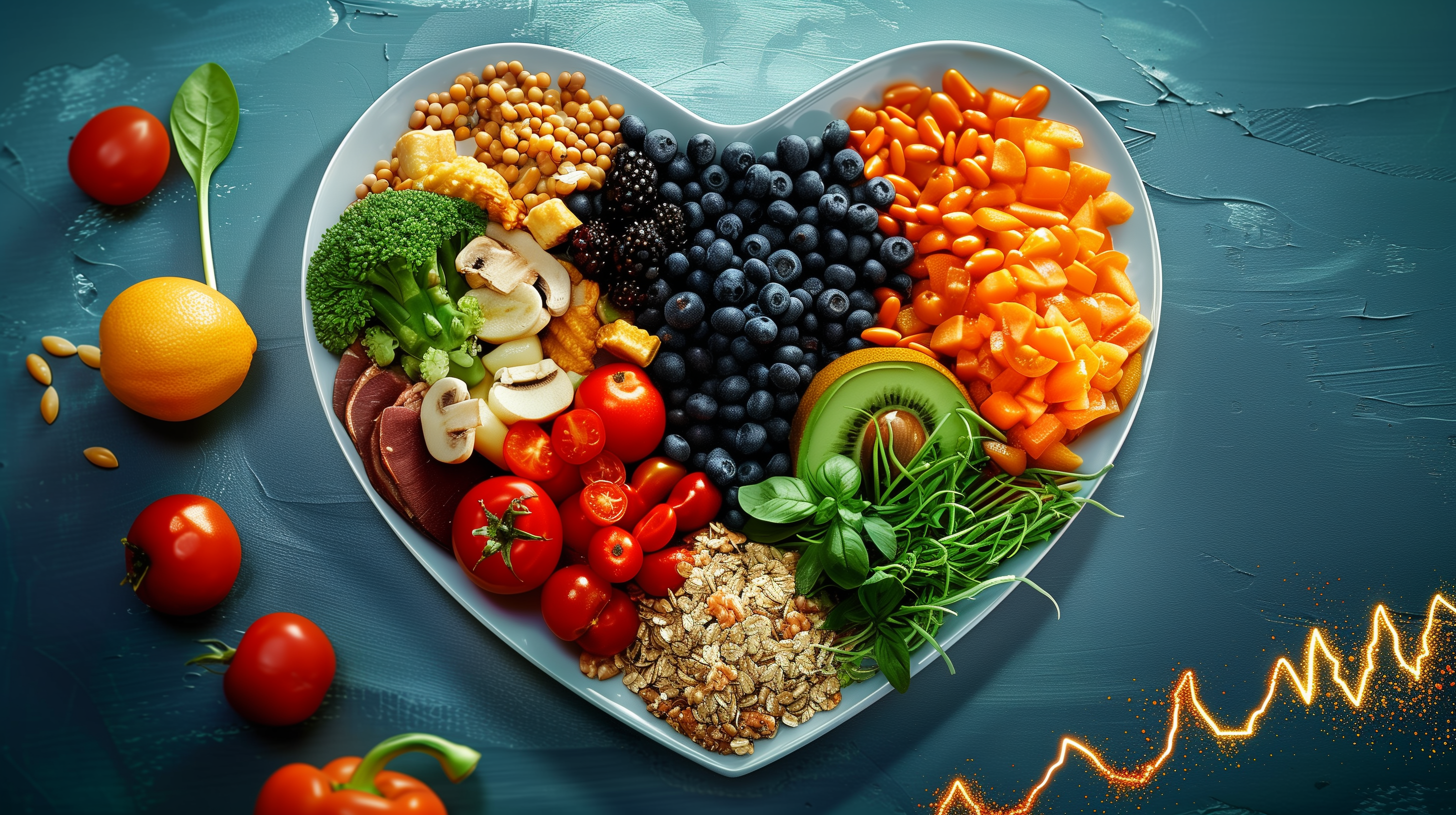a heart-shaped plate divided equally among fruits, vegetables, whole grains, and lean proteins