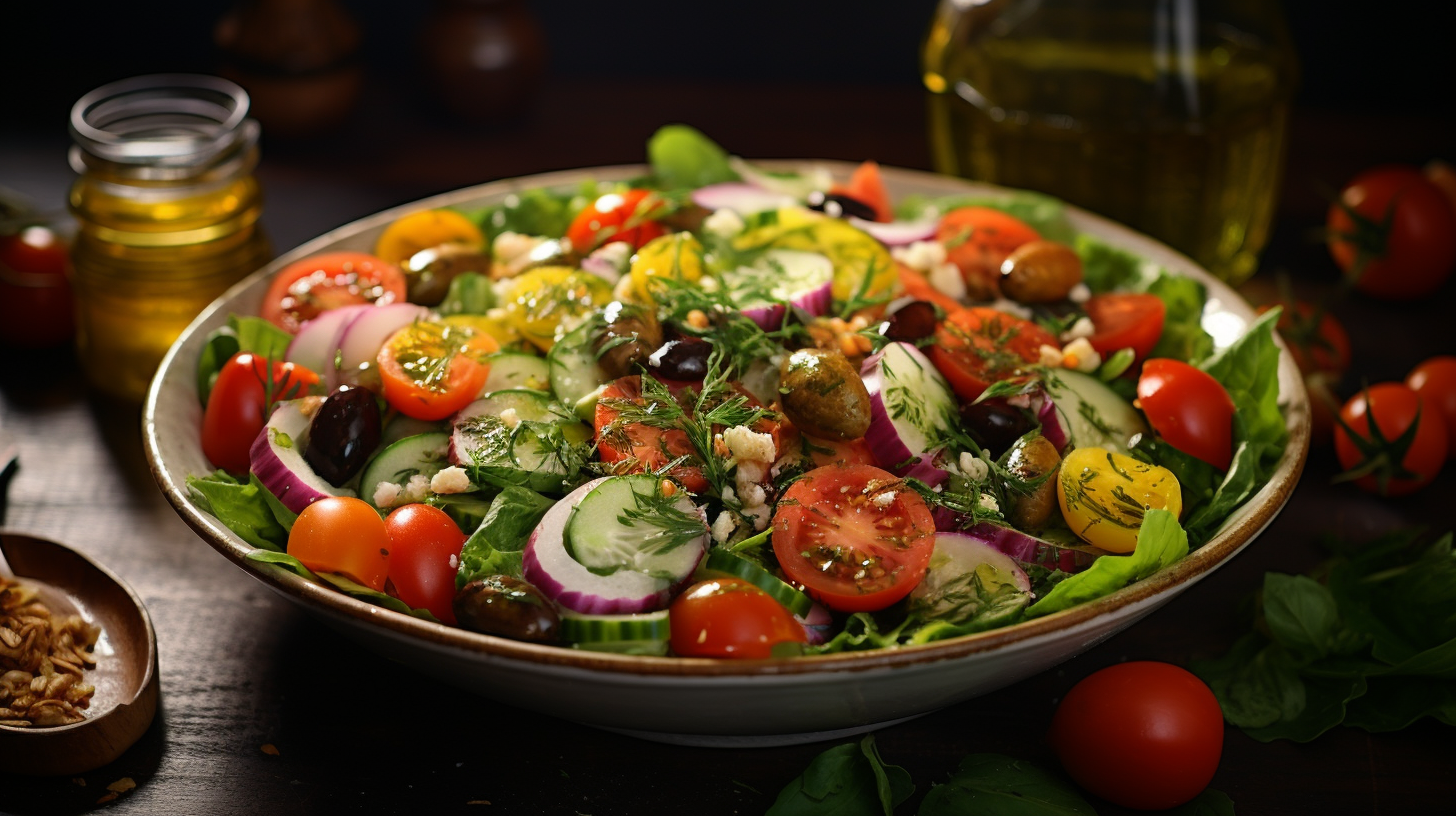 a large salad with onion and tomato and an olive oil dressing