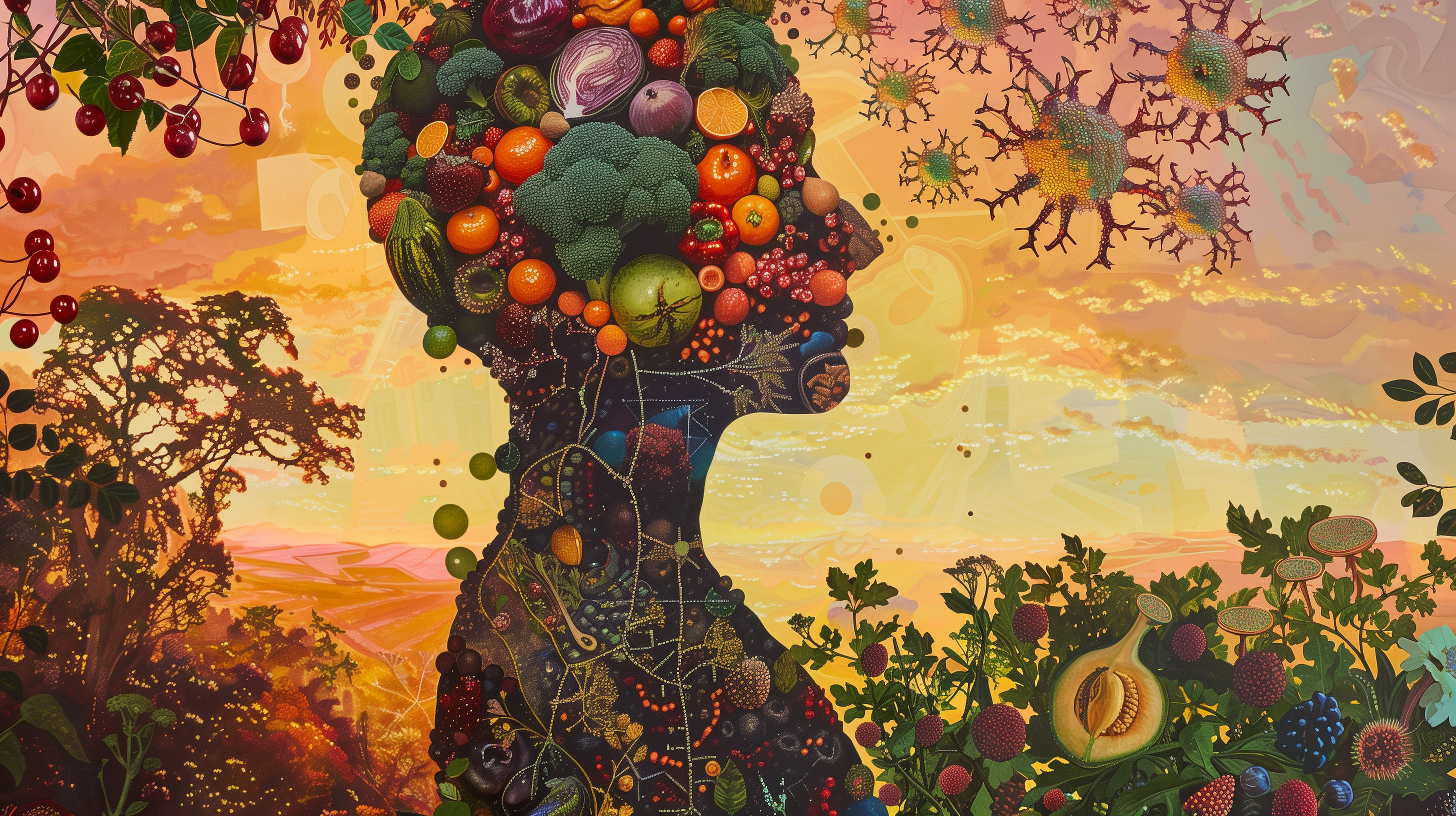 human silhouette filled with vibrant fruits, vegetables, nuts, and grains, surrounded by symbolic immune system cells