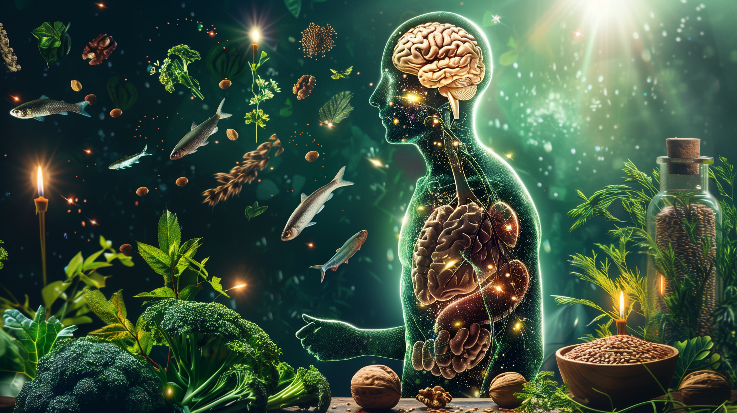 human silhouette with glowing brain, heart, and joints, surrounded by fish, walnuts, and flaxseeds