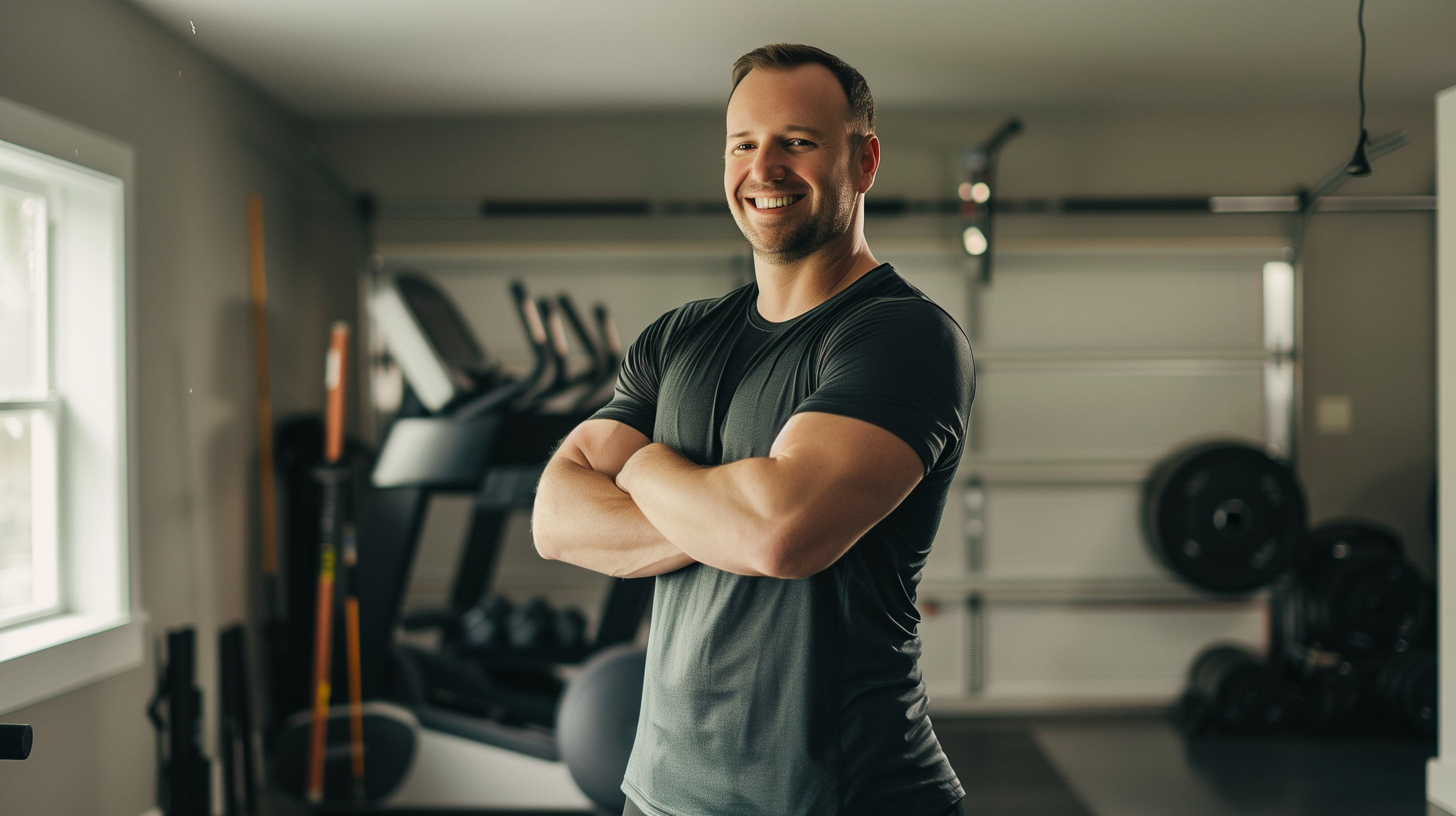 a muscular man standing in his garage gym with his arms crossed and smiling