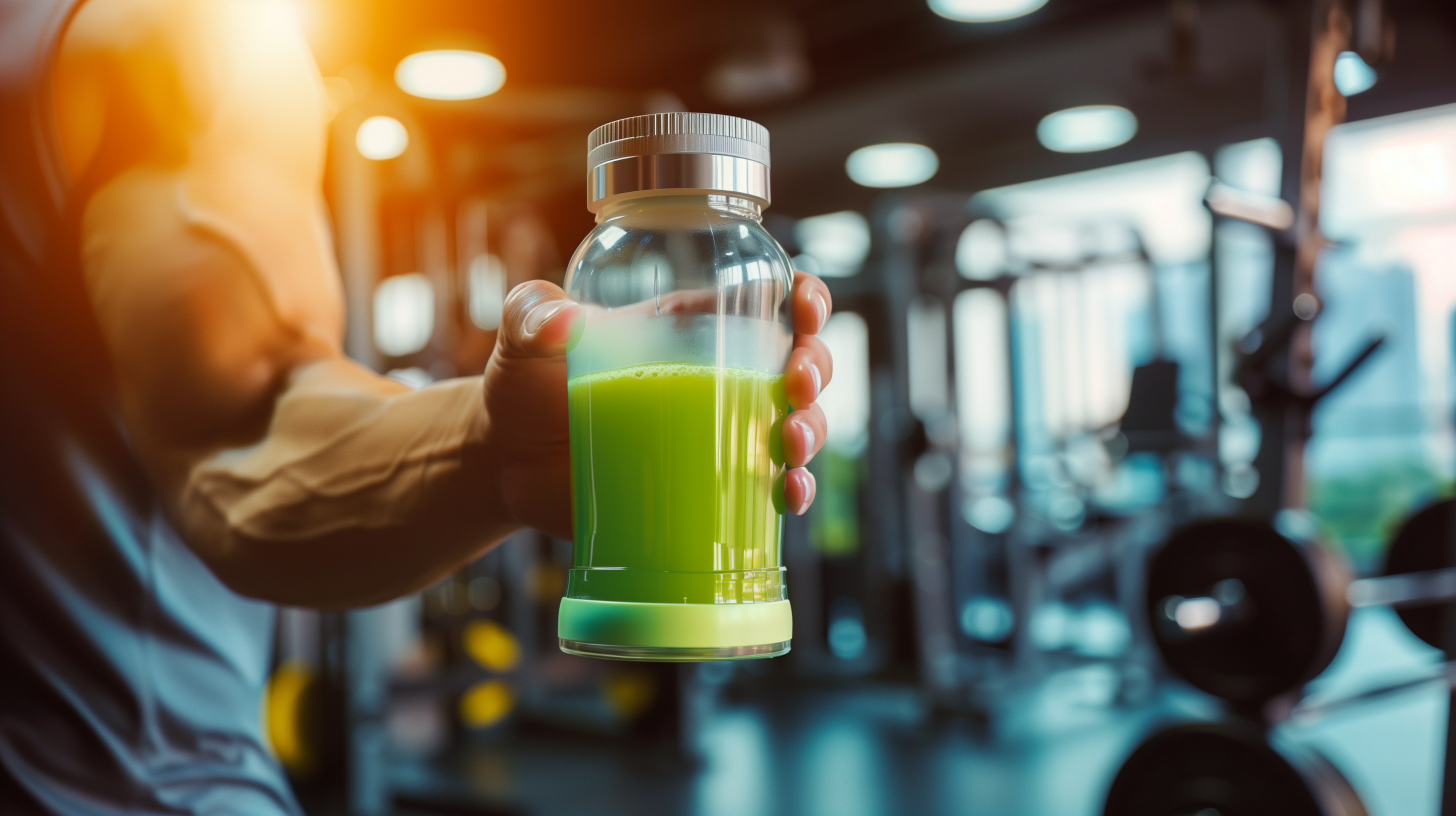 lean, muscular arm holding a transparent shaker bottle filled with a vibrant green supplement
