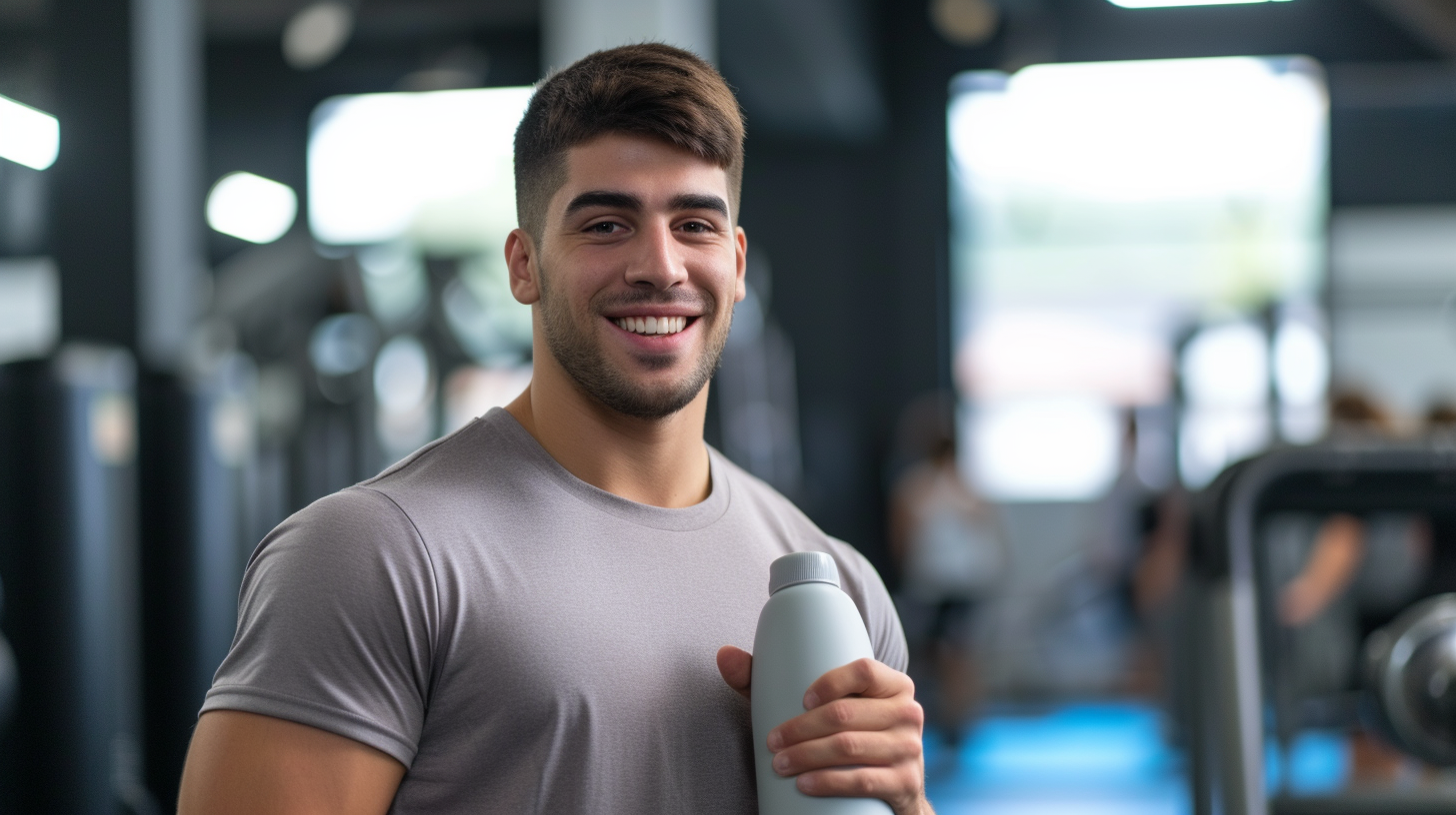 a man at the gym with a shaker bottle