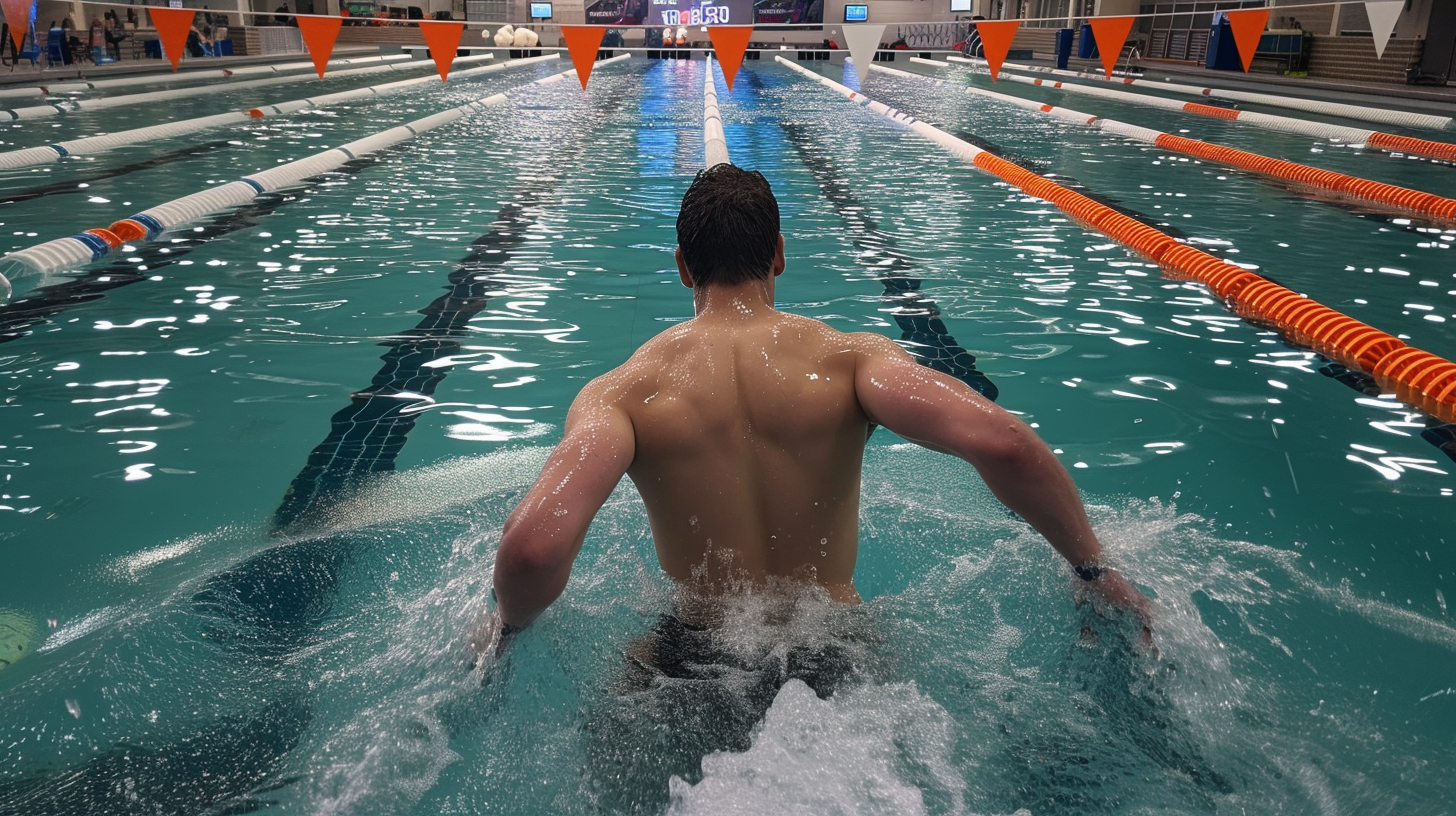 a man working out at the pool, doing laps