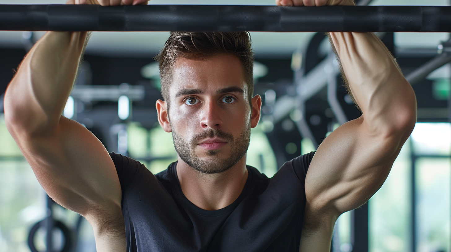 a muscular man in the gym leaning on a squat rack