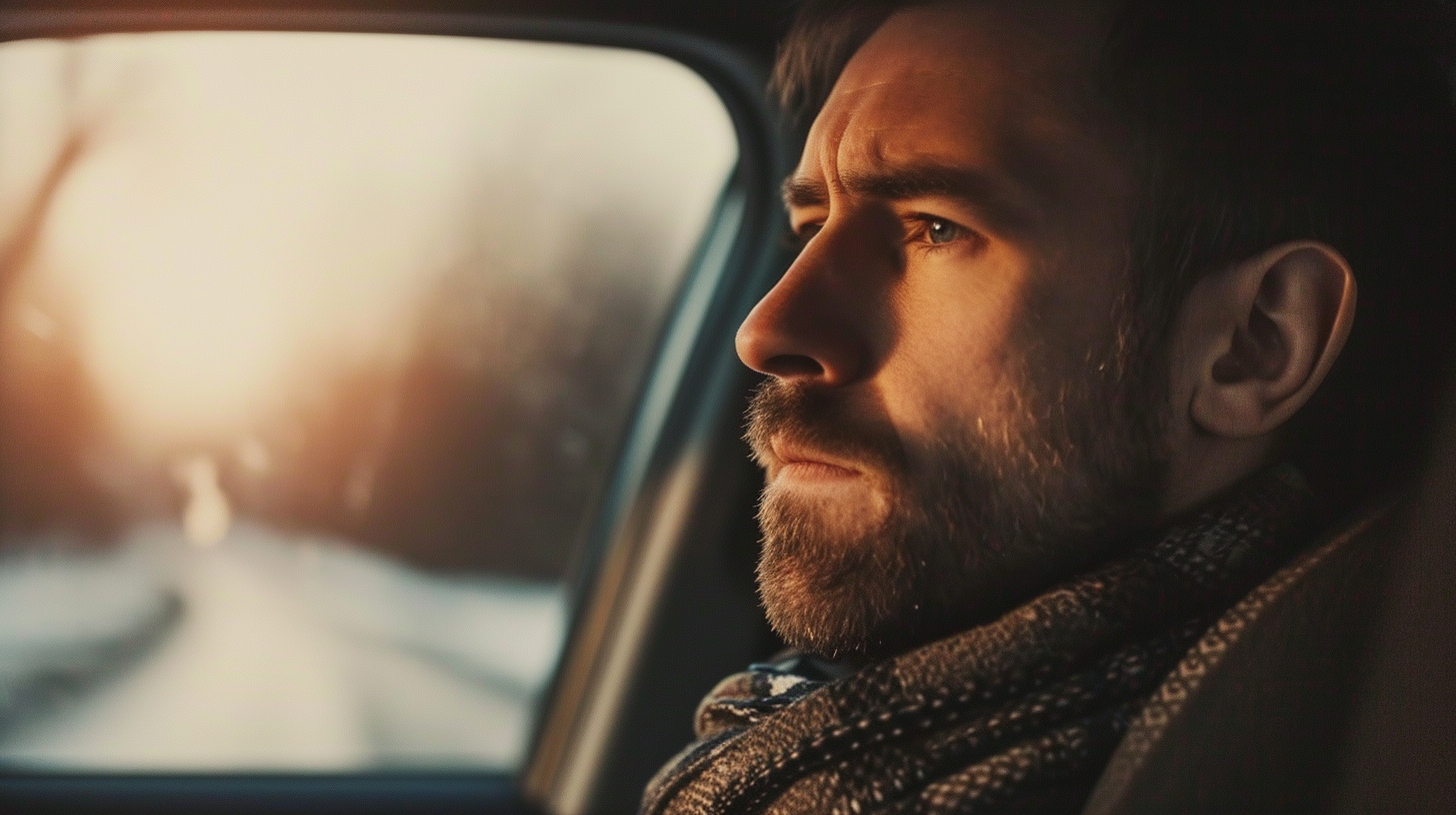 a man driving, looking pensive