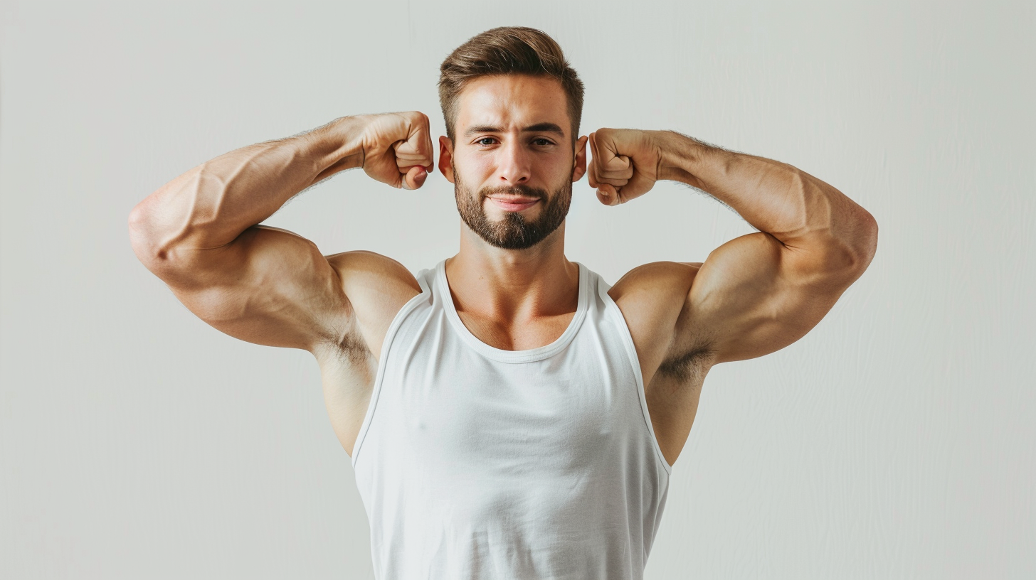 a man flexing his bicep muscles, wearing a t