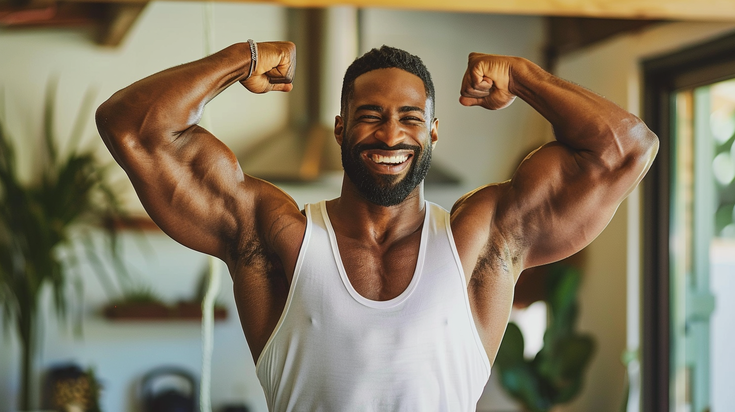 a man with huge biceps flexing and smiling at the camera
