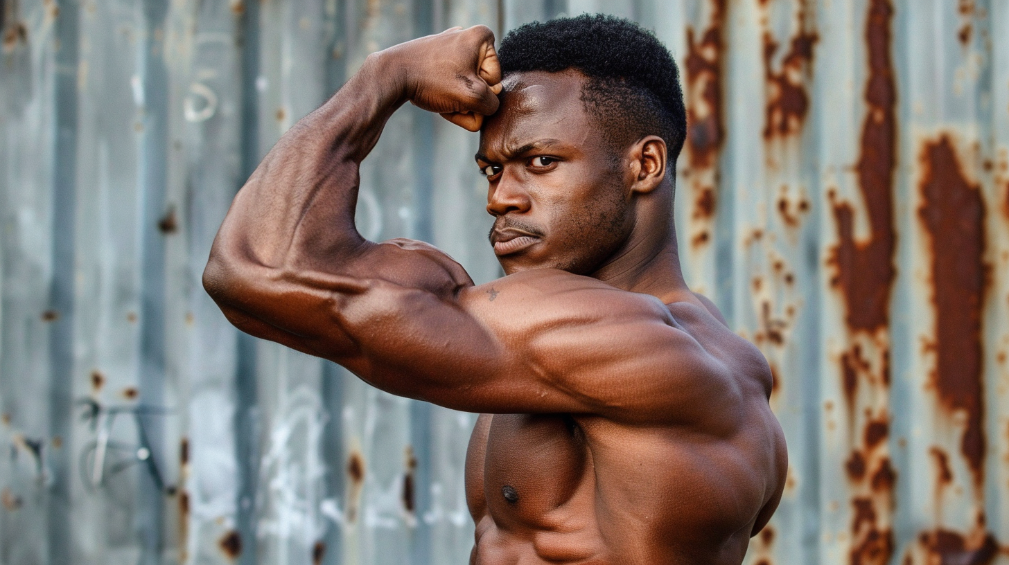a man posing and flexing his tricep muscles