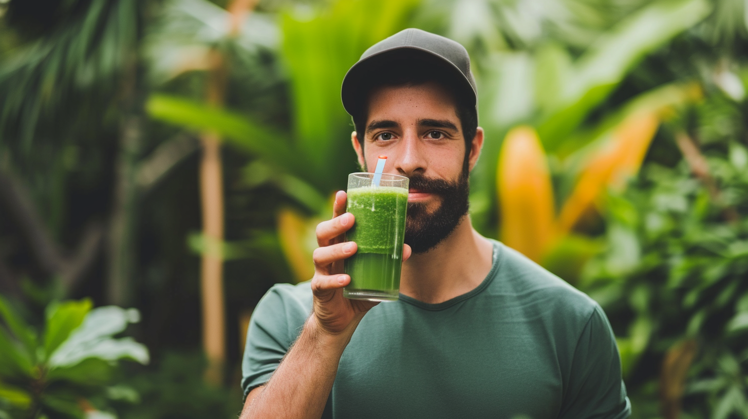 a man holding a green drink