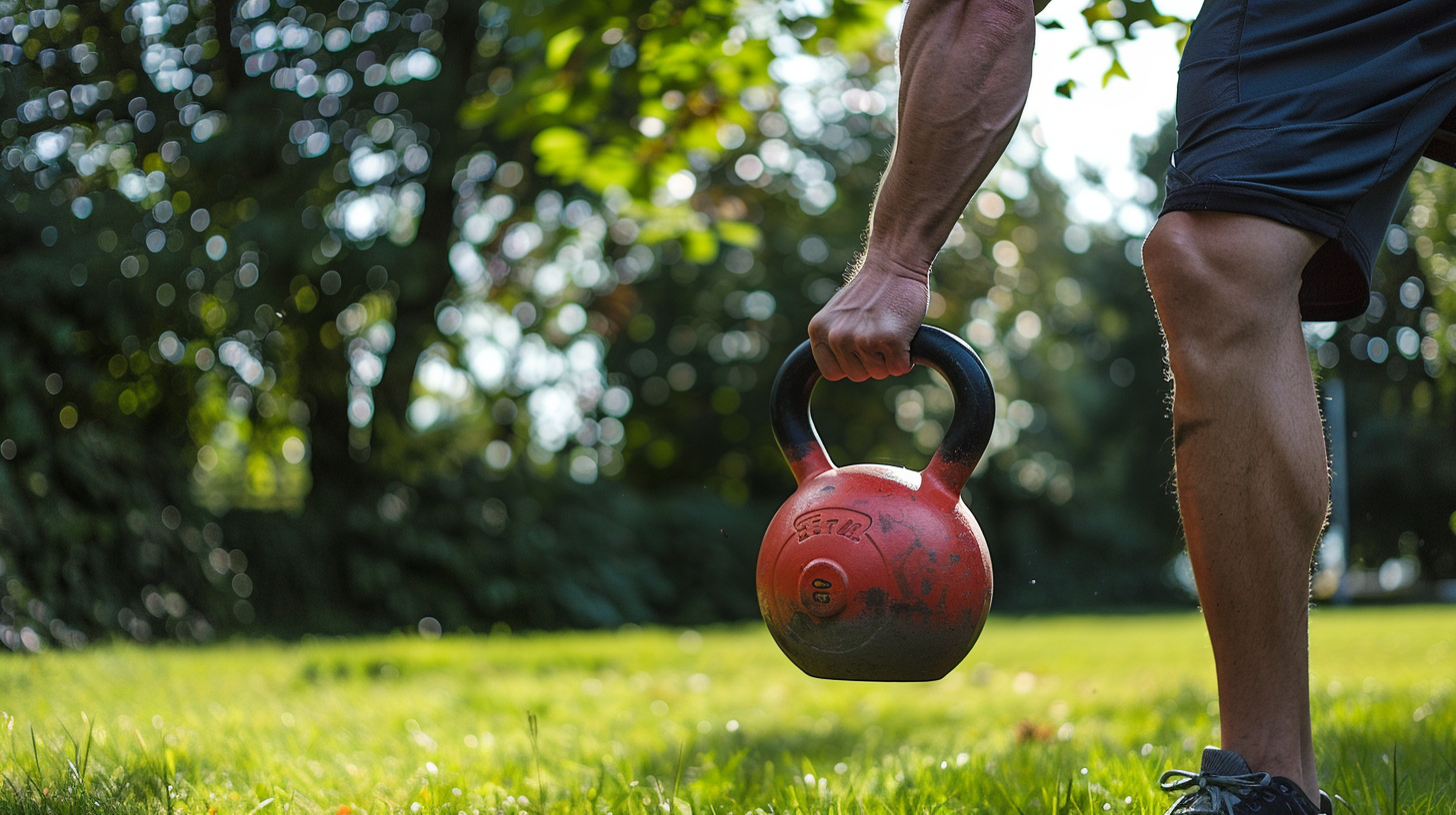 a man working out with a kettlebell at the park