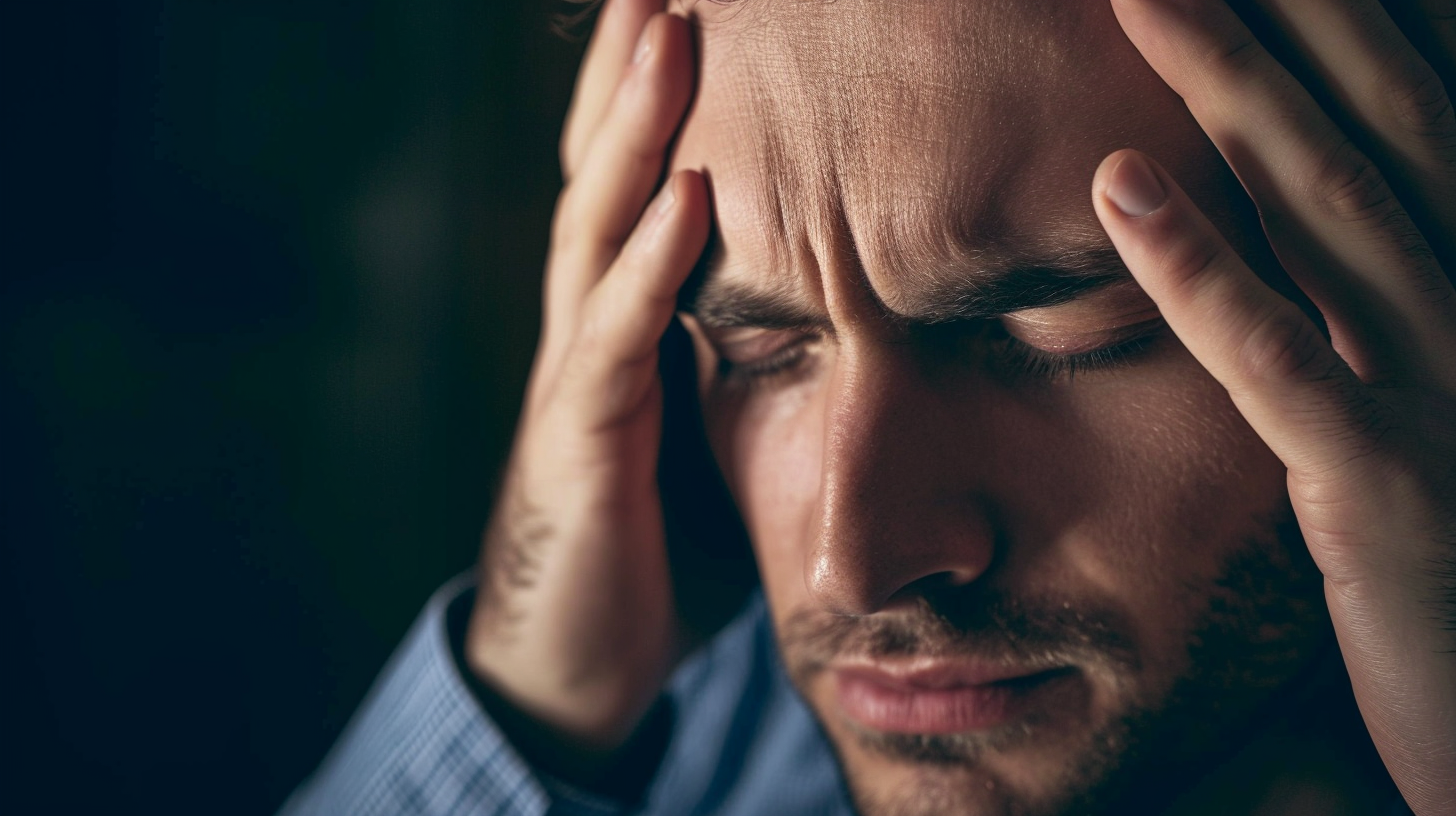 a man holding his head with a headache