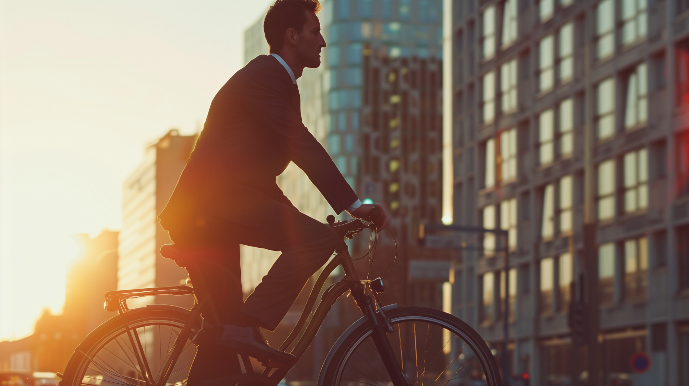 a man in a suit biking to work