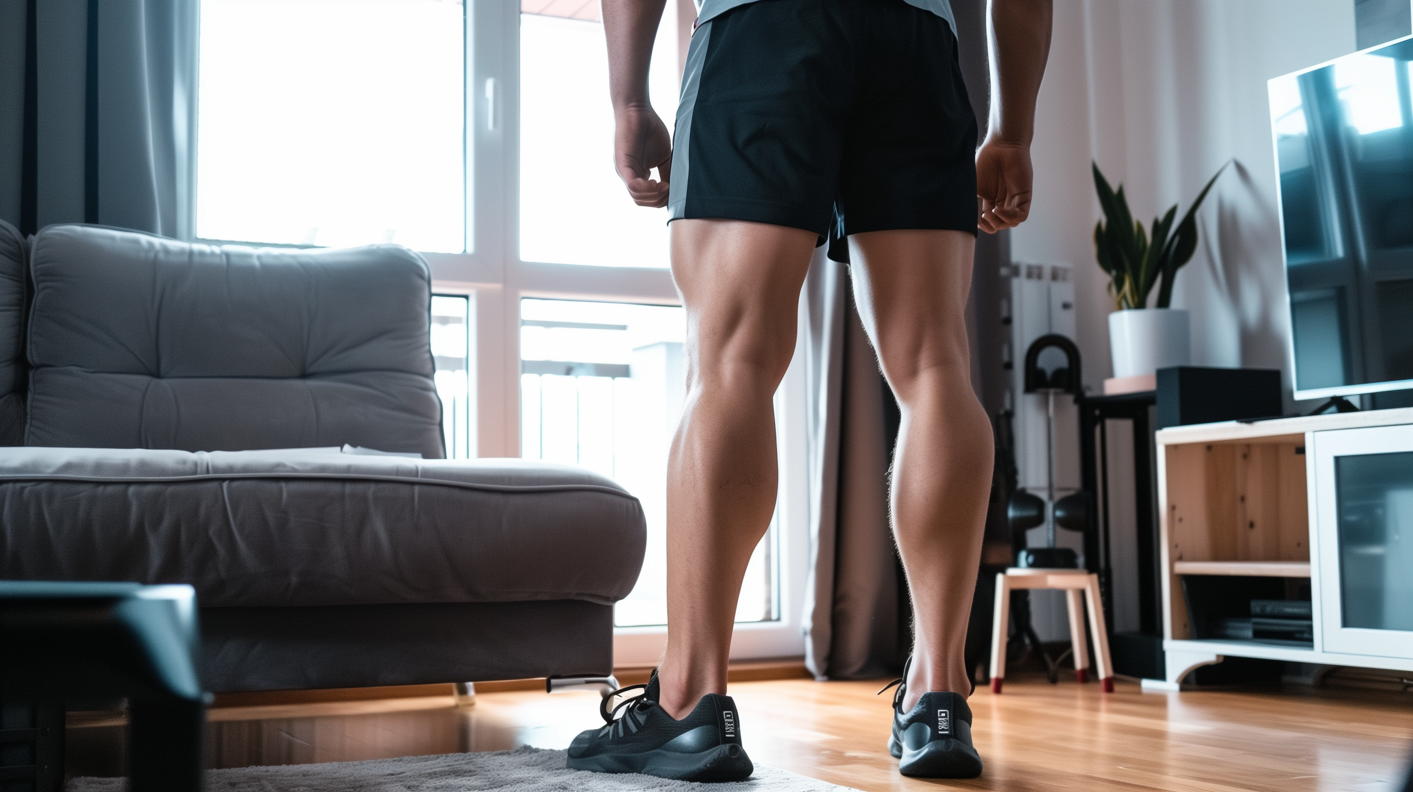 a man's muscular legs in workout shorts; he's standing in his living room about to workout