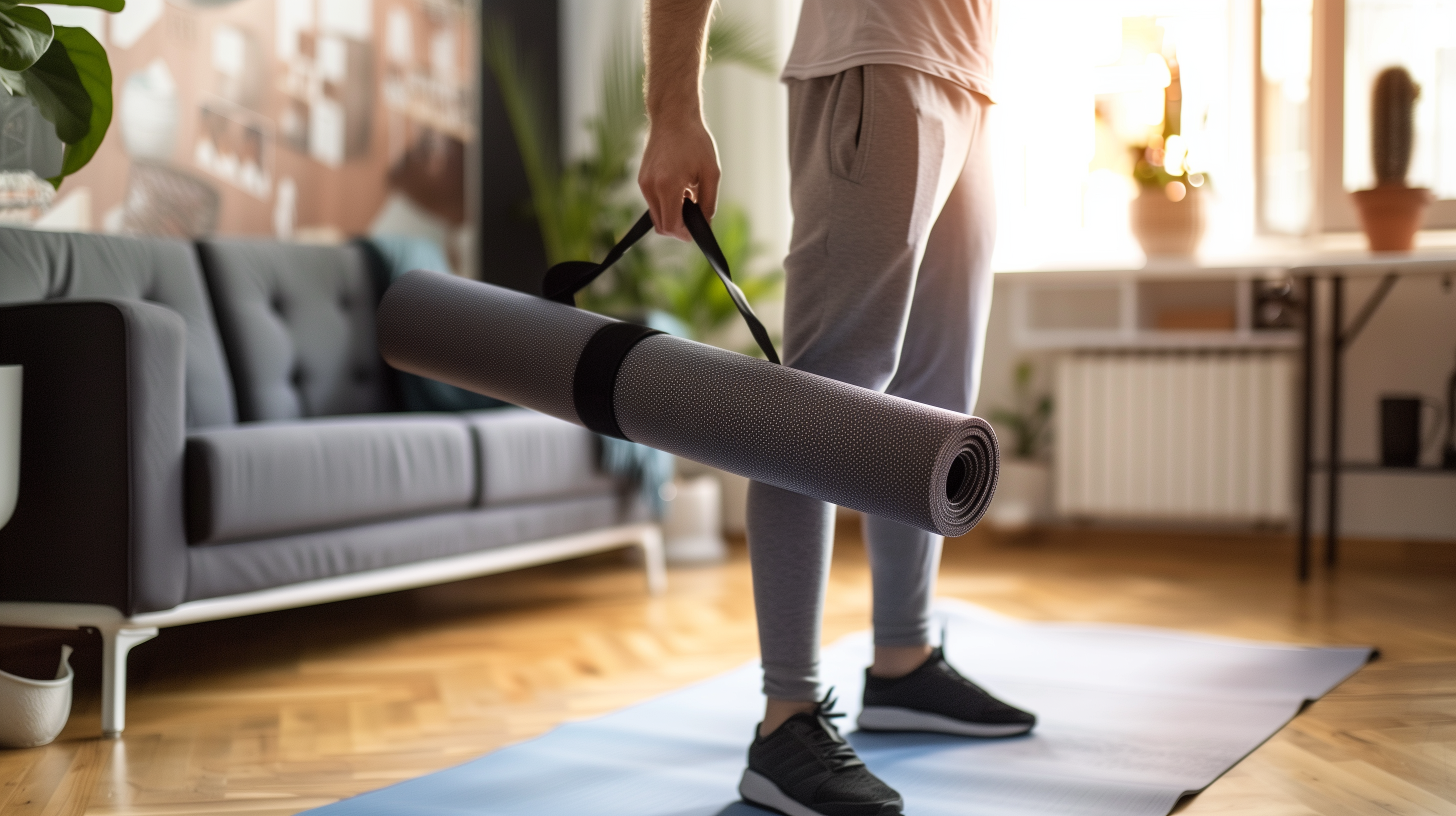 a man in his living room, carrying a workout mat about to work out