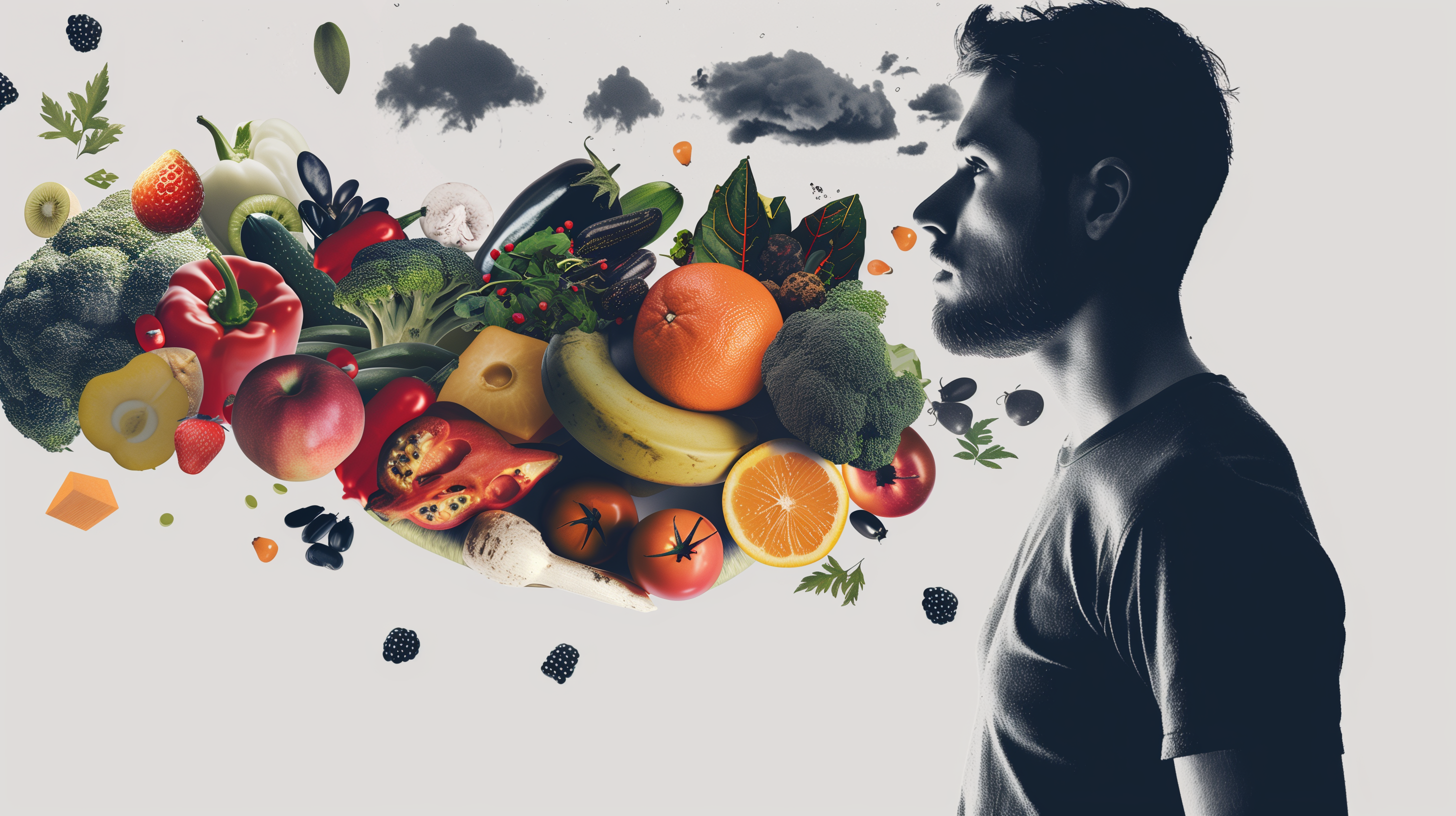 man looking contemplative, surrounded by various fruits and vegetables