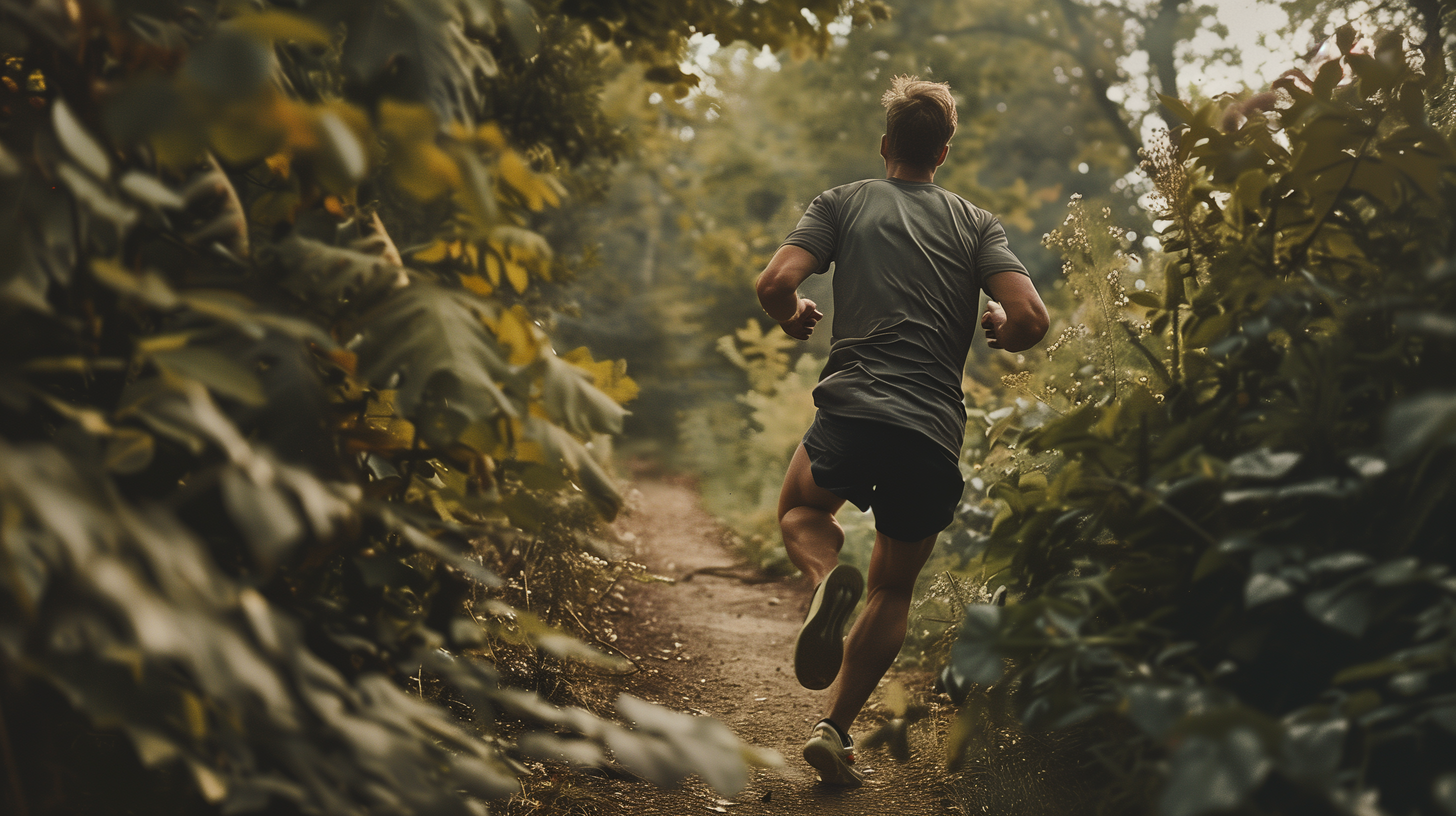 a man running through a narrow trail in the woods