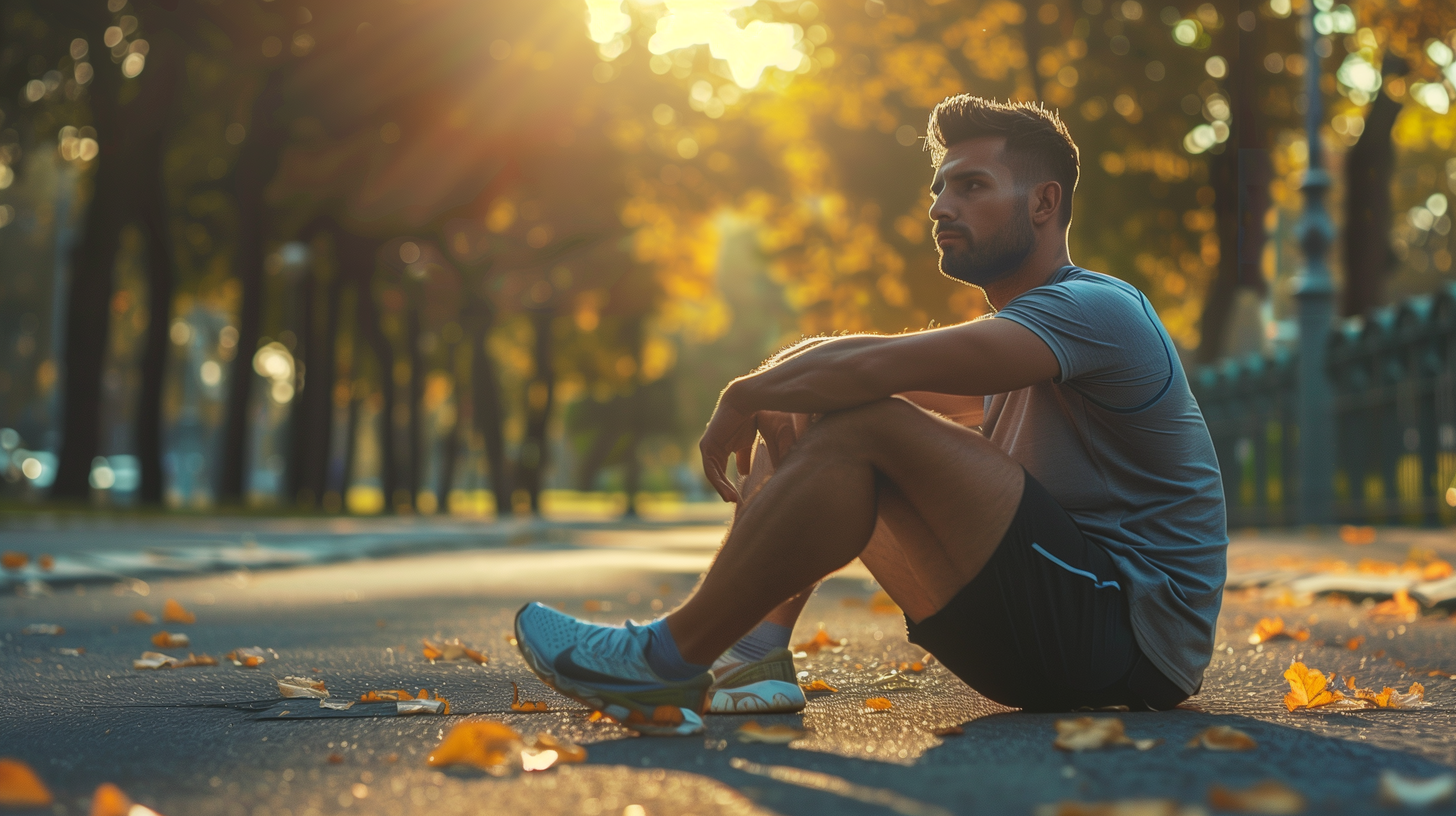 a man sitting on the parking lot pavement at a park after a workout
