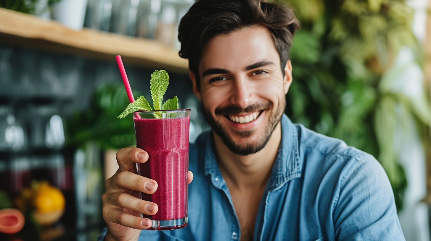 a man holding a reds superfood powder drink