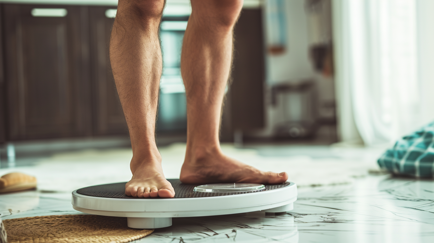 a man weighing himself on a scale at home