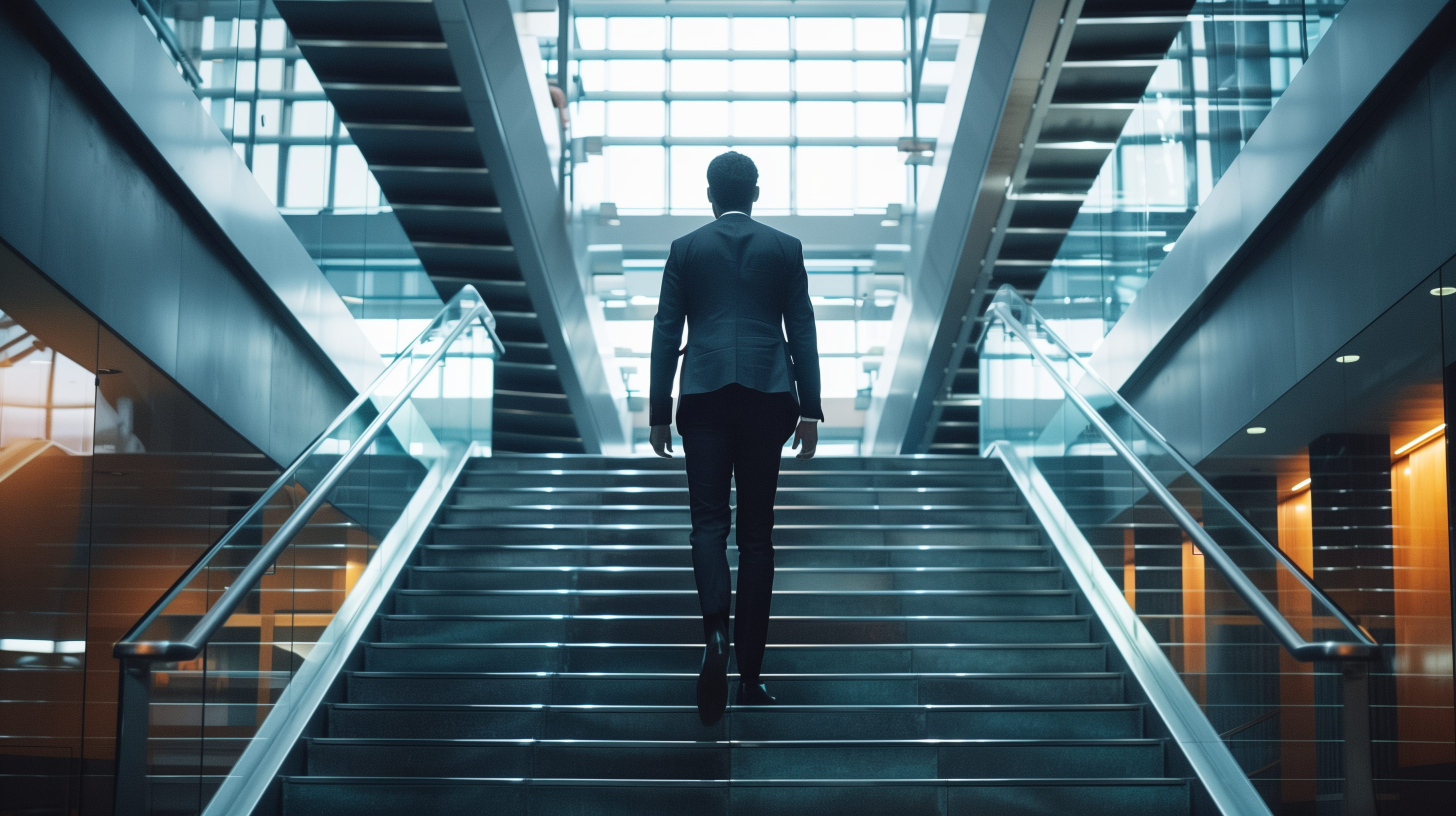 a man walking up stairs in a large office building