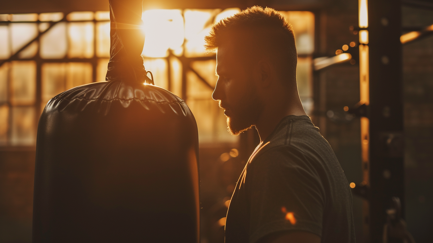 a man about to workout with a punching bag, the sun is setting through the gym window