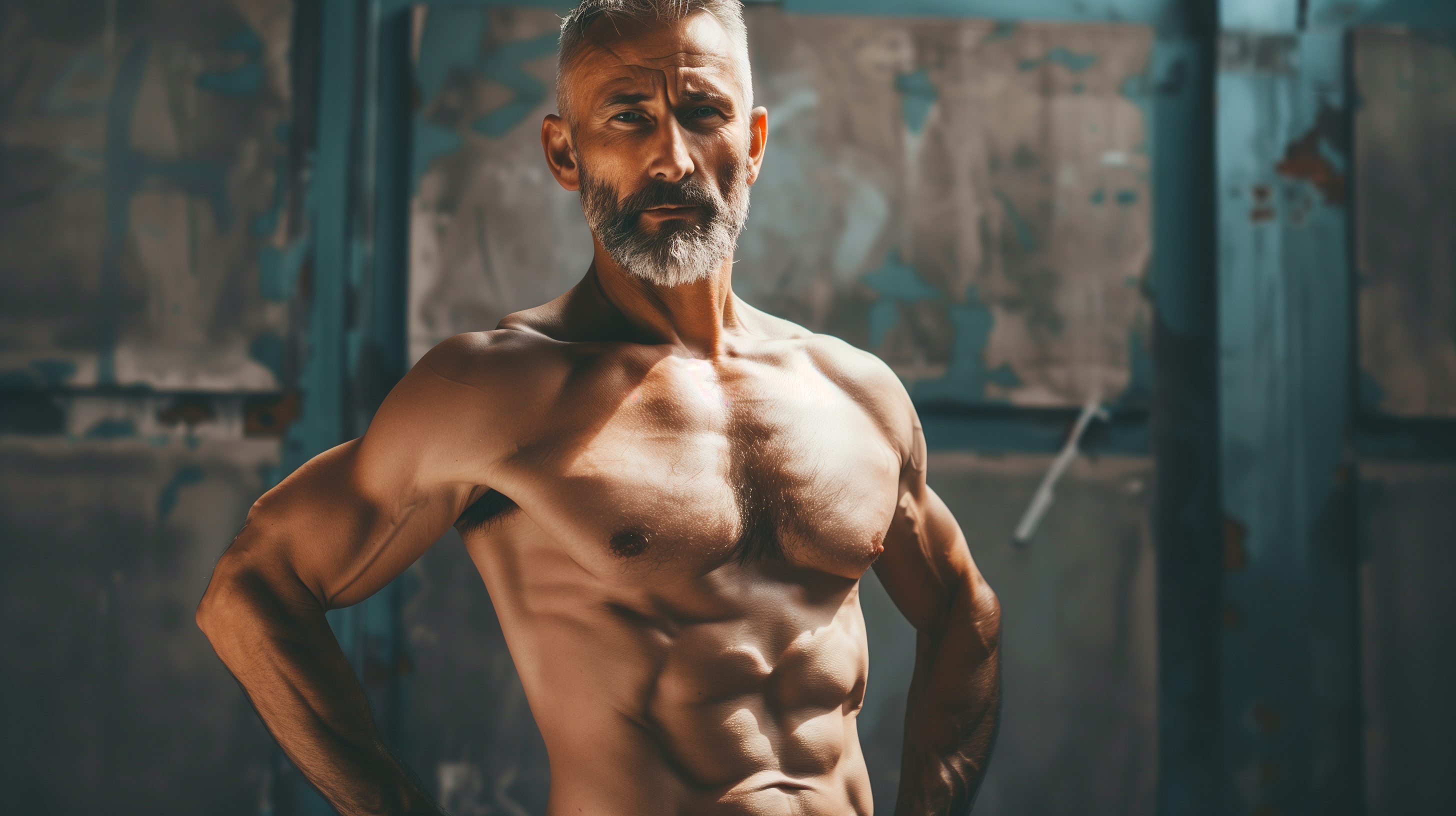 a middle-aged man with muscular arms and defined abs