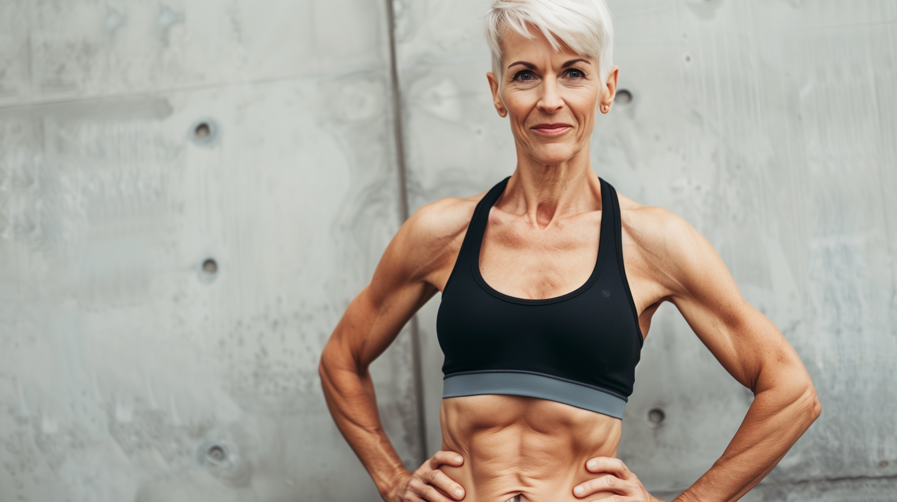 a middle-aged woman with toned arms and defined abs