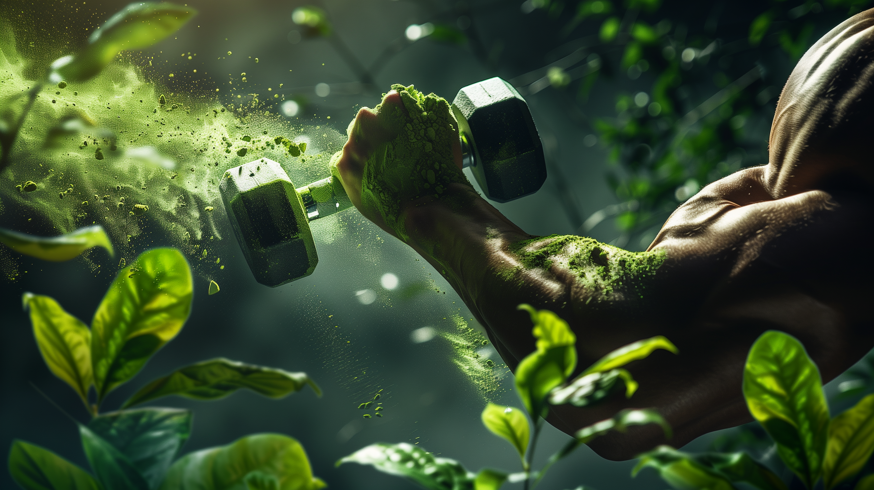 a muscular arm holding a dumbbell, surrounded by vibrant green leaves and a scoop of greens powder