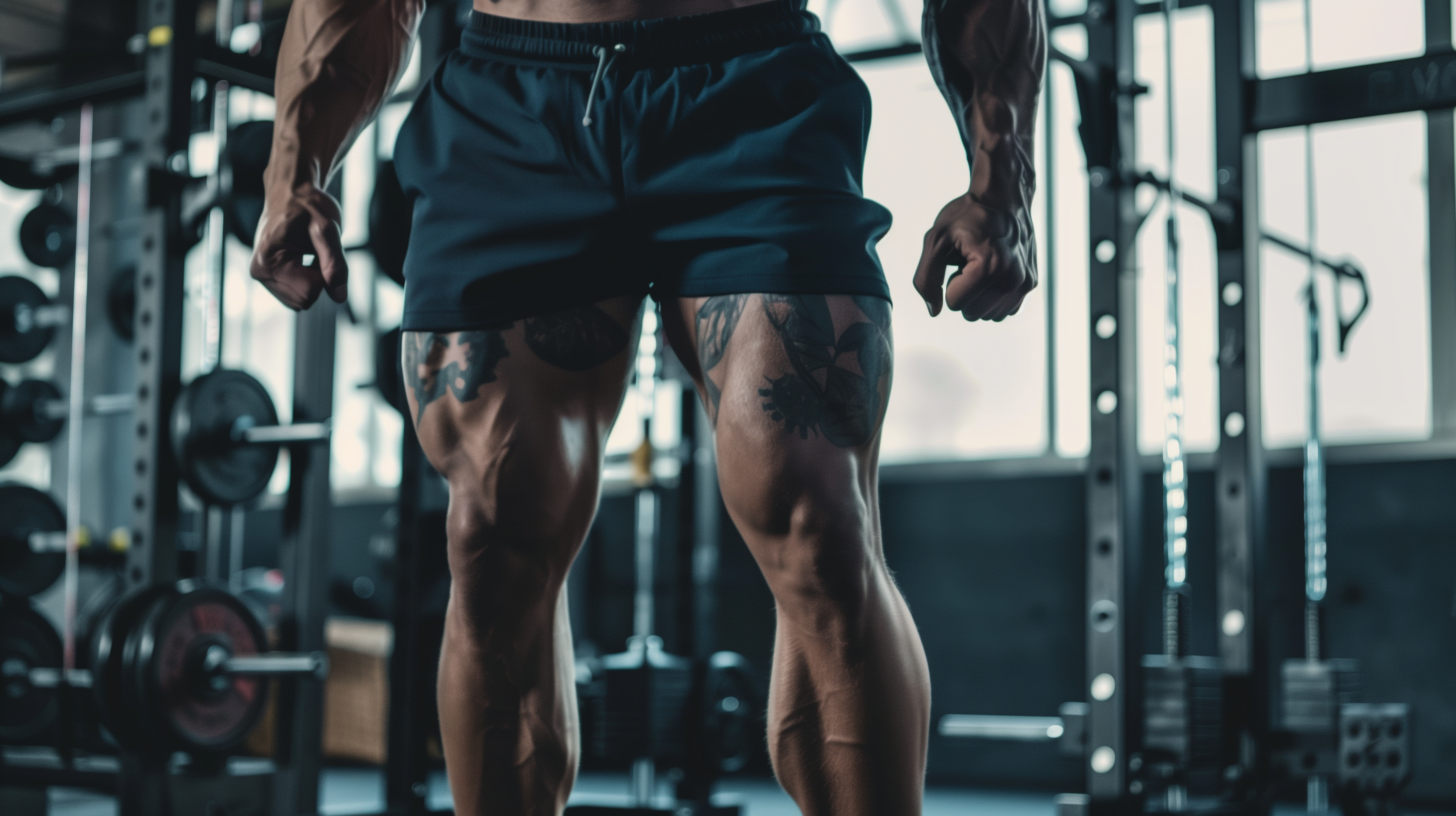 a medium shot of a man's defined quad muscles