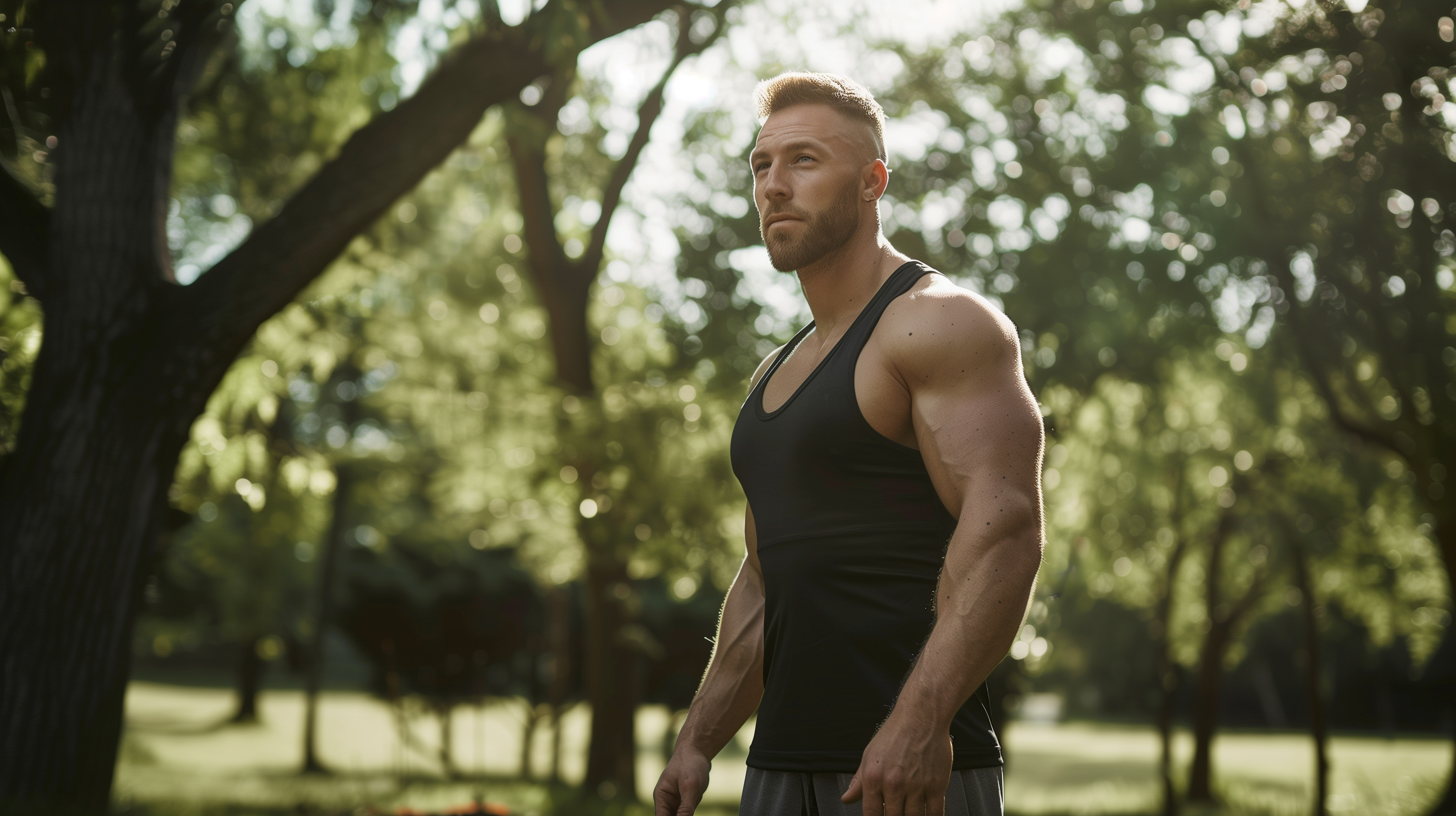 a muscular man at the park wearing workout clothes