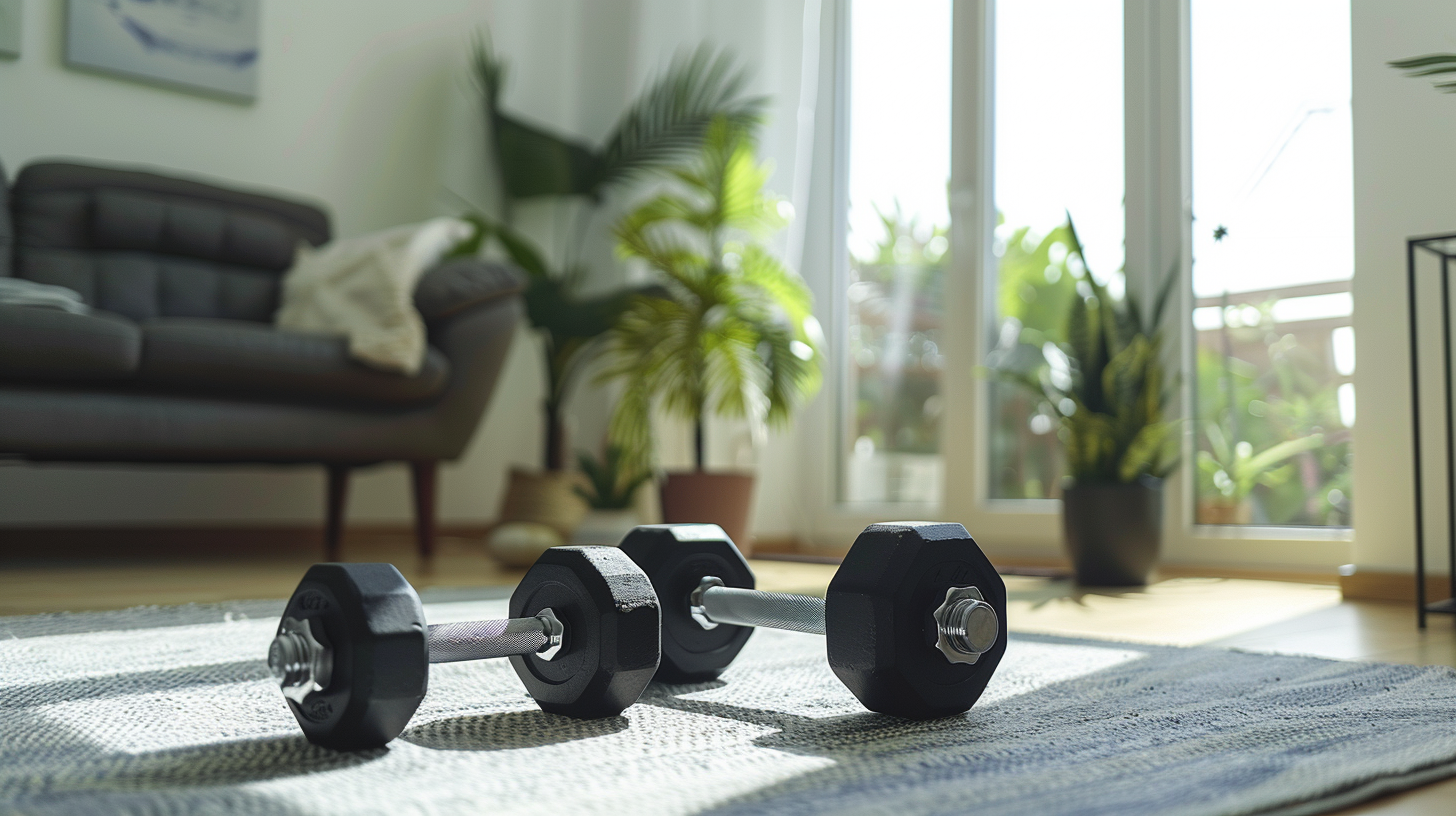 a pair of dumbbells sitting on a living room floor