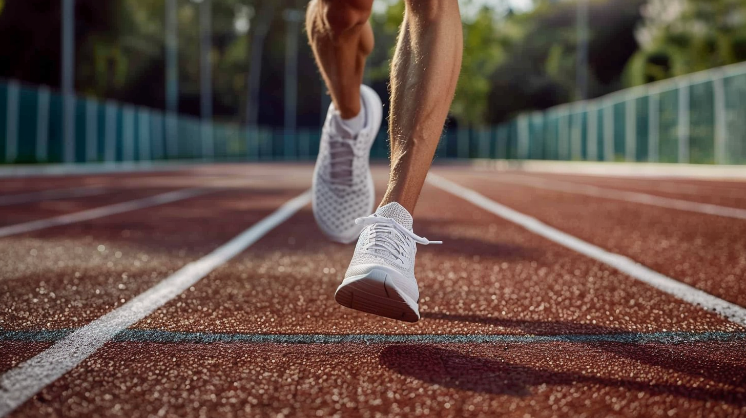 close-up of a man's legs running on a track