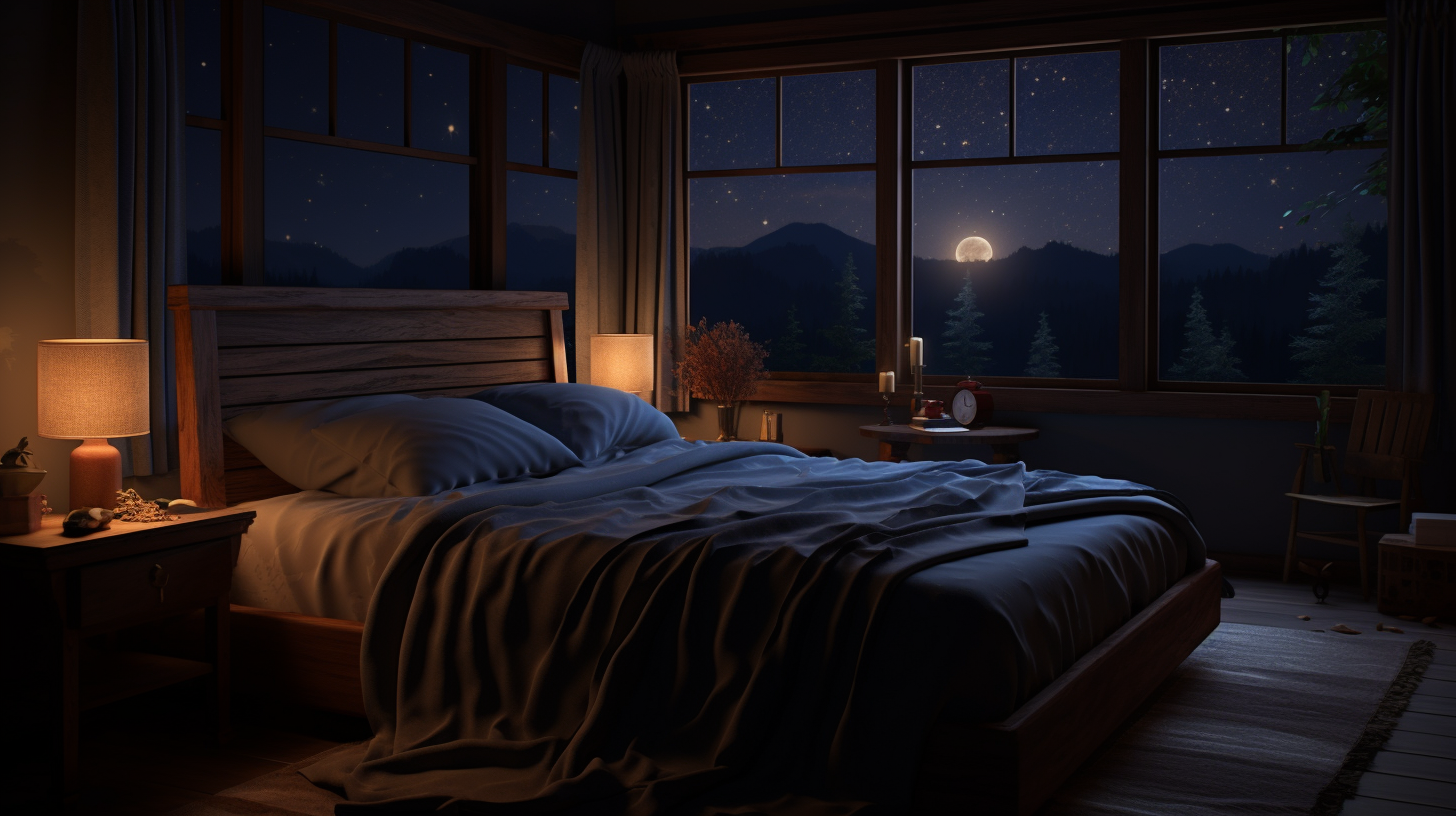 a bedroom at night with dim lights