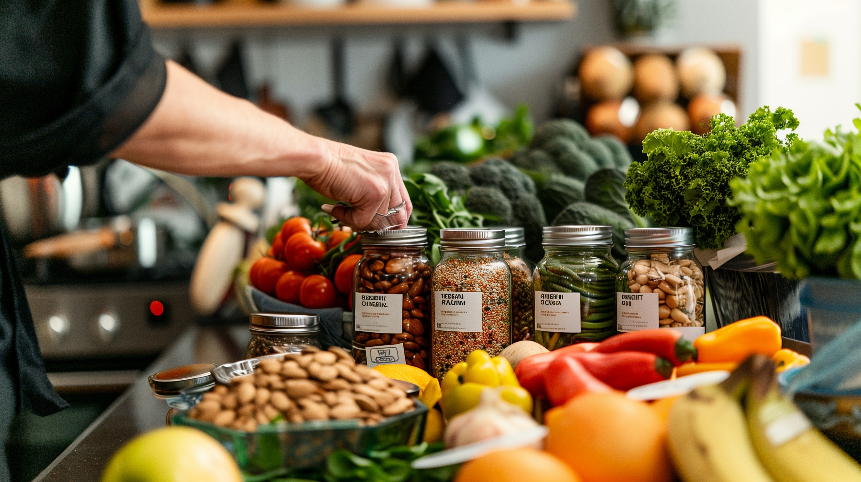 various whole foods, including fruits, vegetables, nuts, and jars