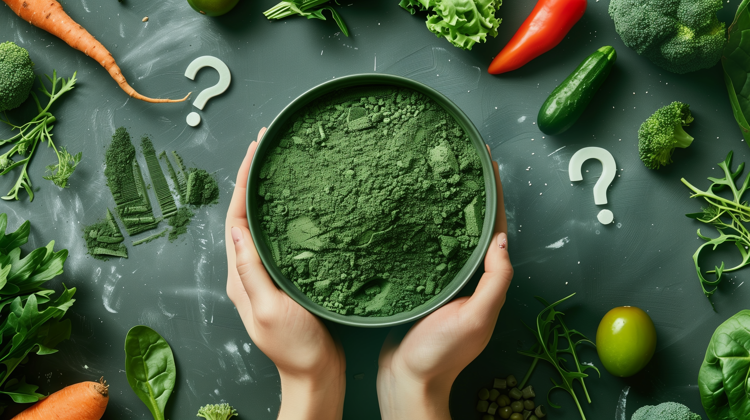 vibrant green powder container, with scattered vegetables and question marks around it