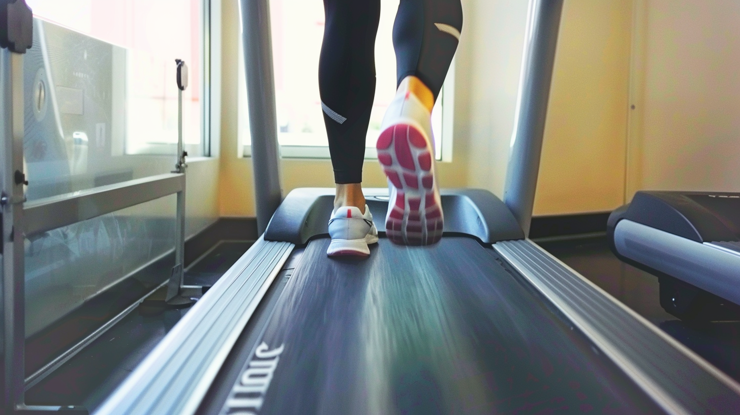 close-up of the feet of a woman running on a treadmill