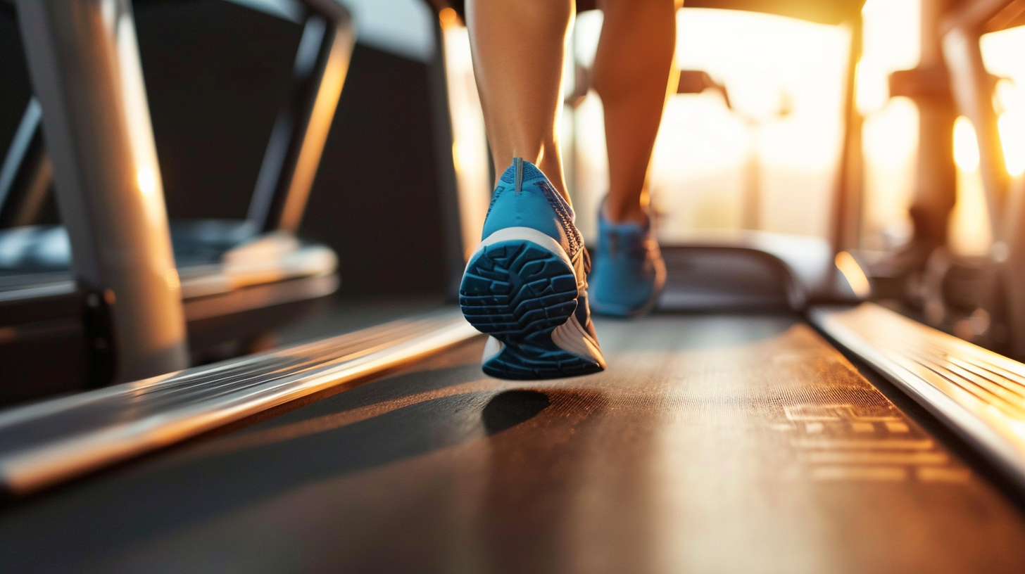 a close-up of a woman's feet running on a treadmill