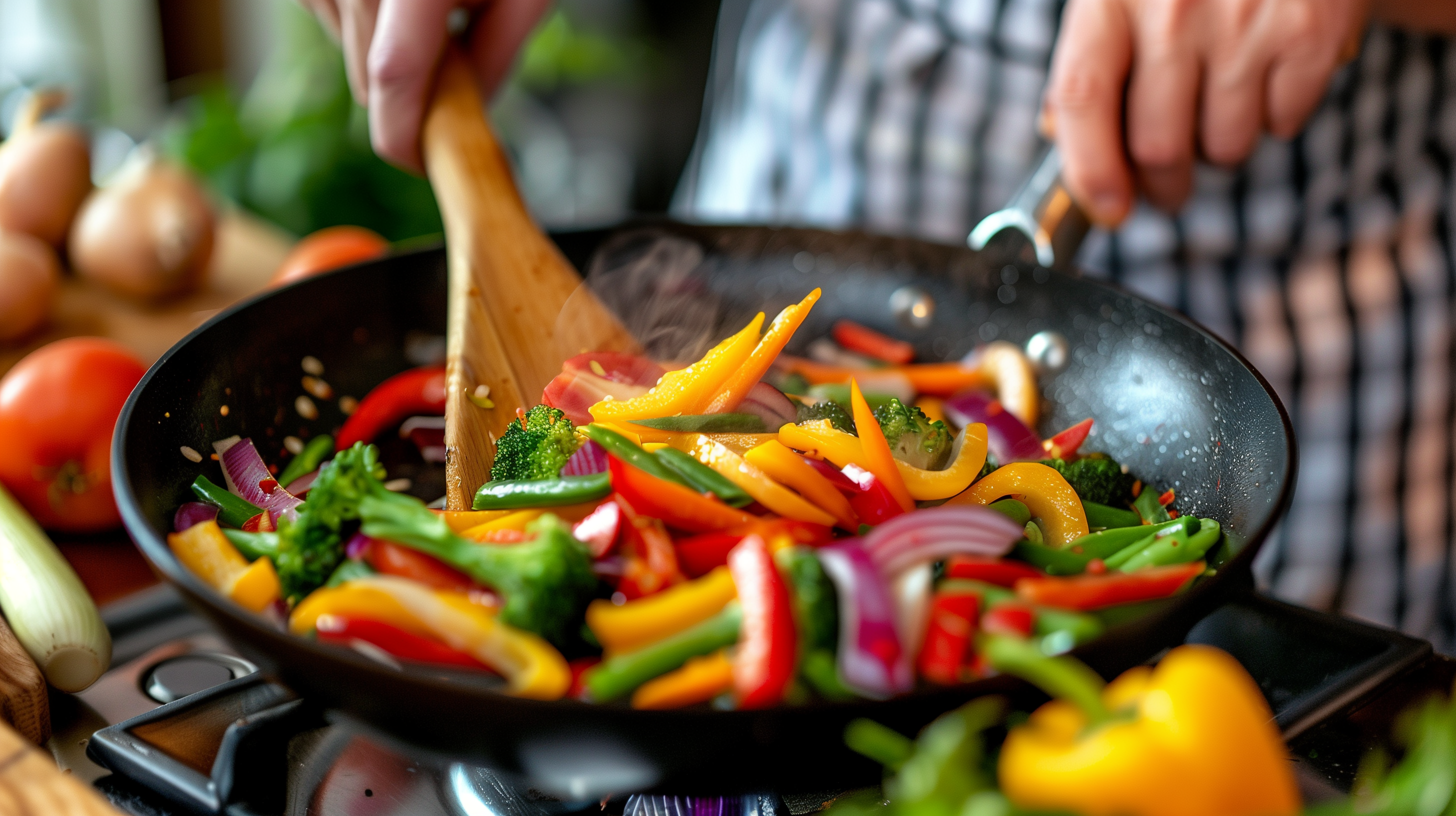 a person sautéing a mix of colorful vegetables in a skillet