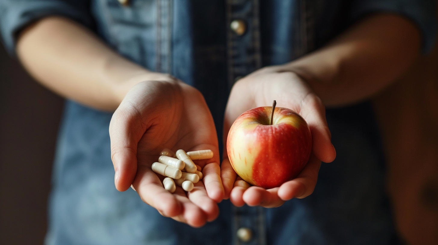 a person holding pills in the right hand and an apple in the left