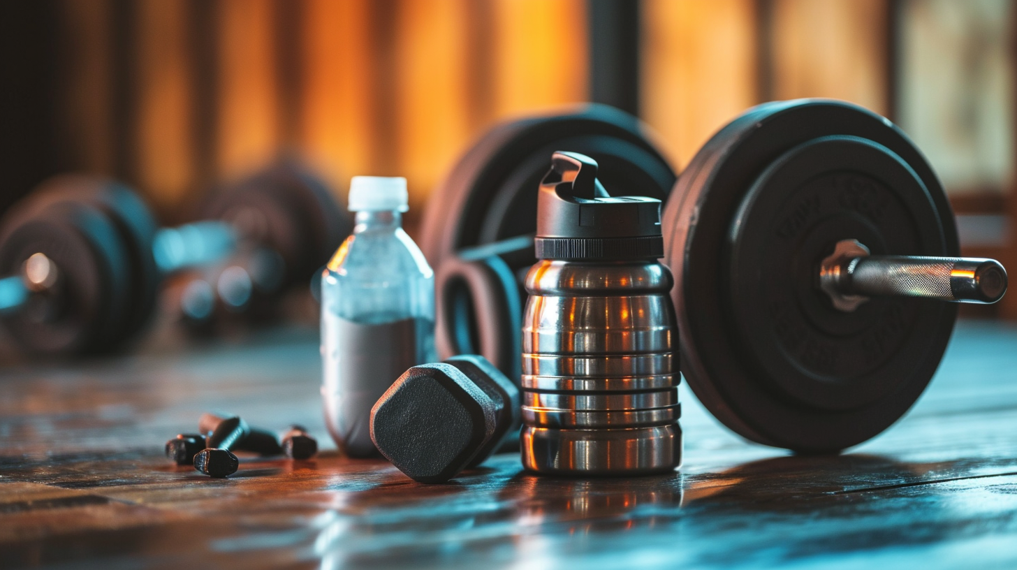 a bottle and shaker and dumbbell on a gym floor